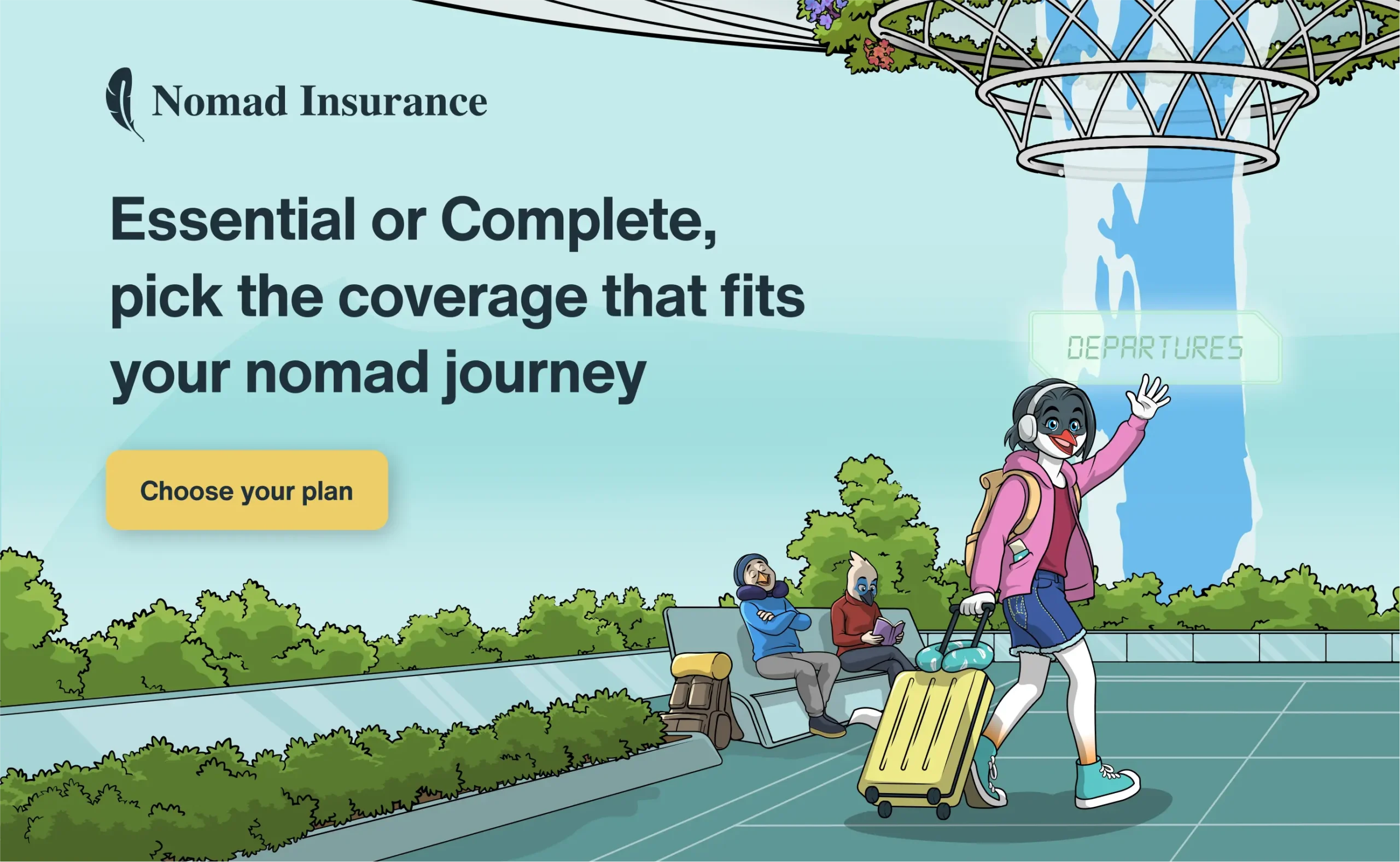 Banner for SafetyWing Travel Insurance, bird mascot, wearing a pink jacket, headphones and a denim skirt, pulling a yellow suitcase while waving.