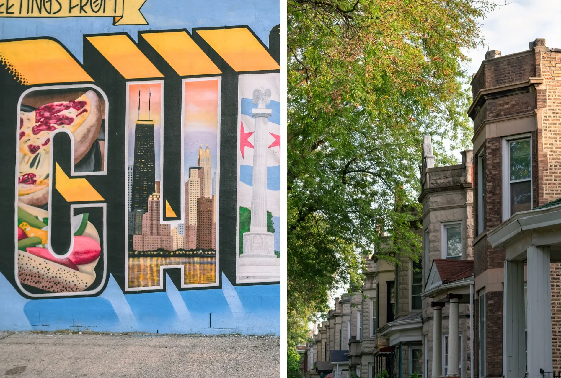 Left side: Colorful mural of Chicago name on blue background. Right: Row of Victorian houses and greenery in Logan Square, one of the best areas to stay in Chicago.