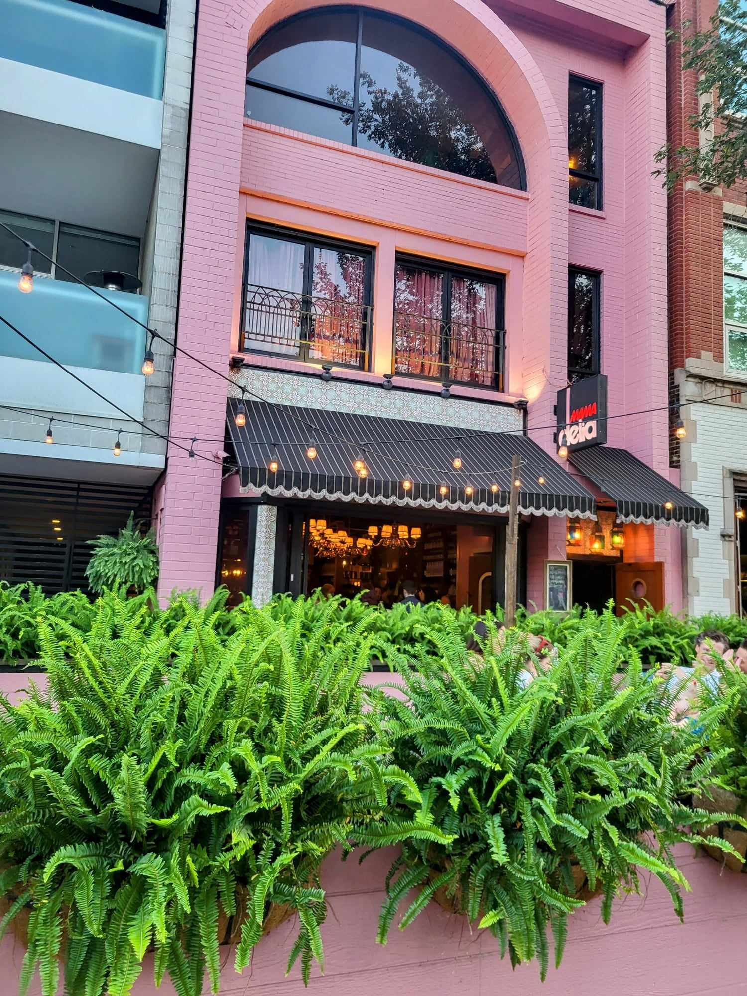 Pink building with vibrant greenery in front in Wicker Park, one of the best areas to stay in Chicago.