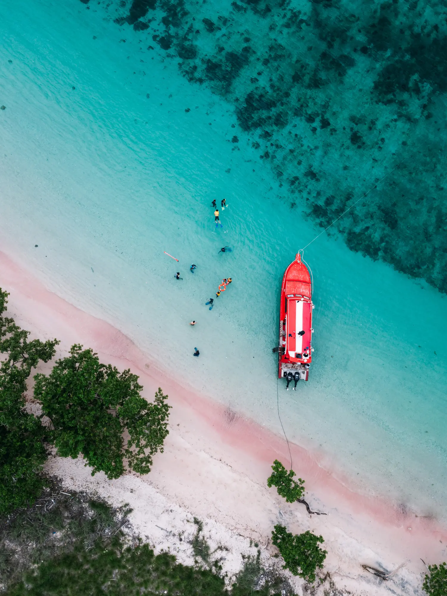 Aerial shot of a red boat and people in the turquoise water at Pink Beach in Komodo Island - Indonesia vs. Thailand