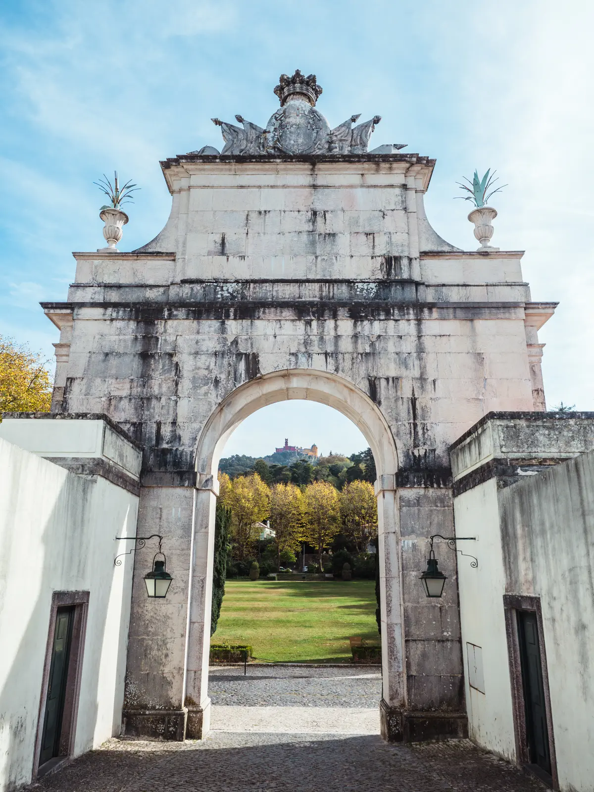 White ornate stone arch at Valverde Sintra Palácio de Seteais Hotel, close to Quinta da Regaleira in Sintra, Portugal.