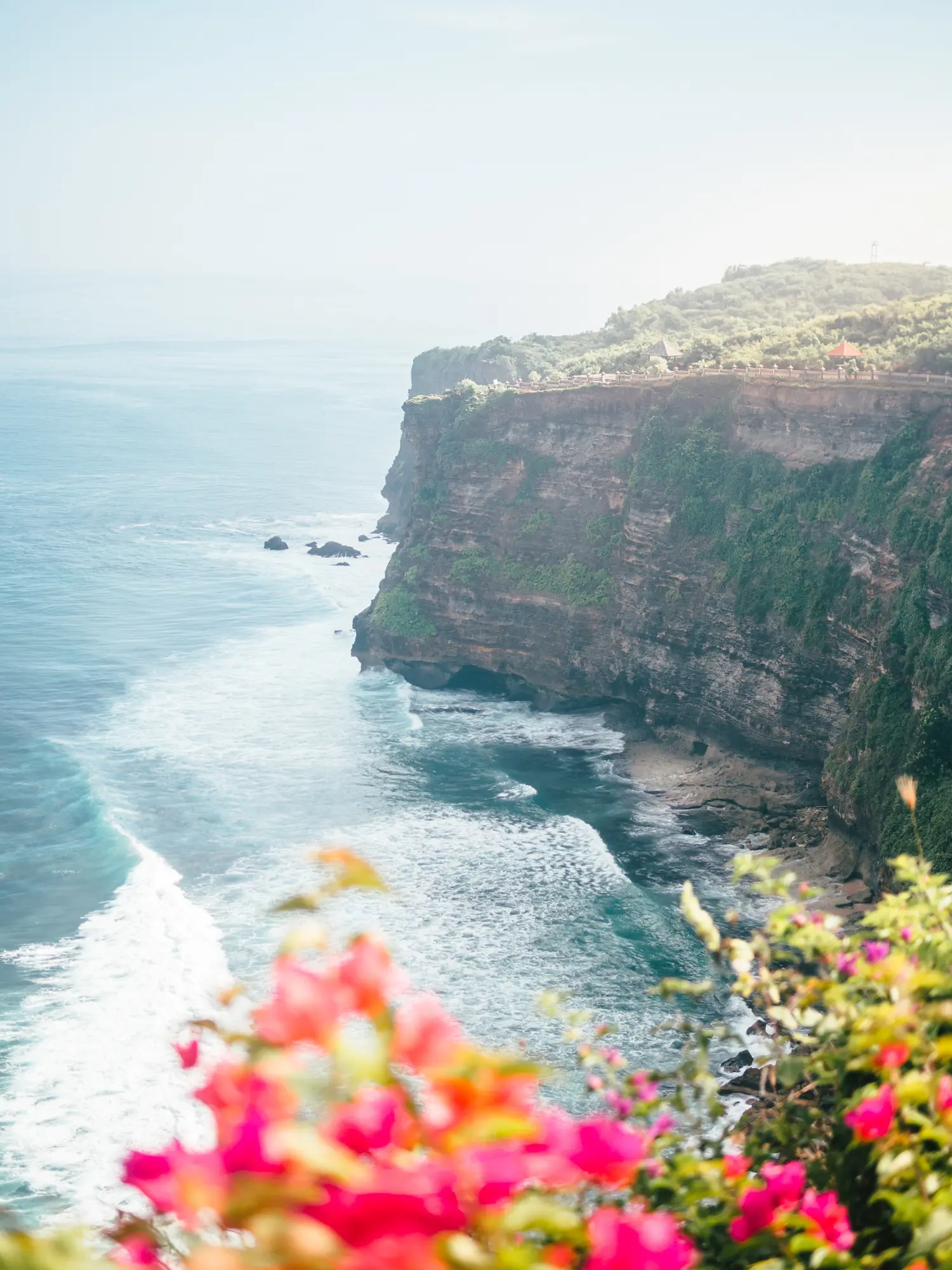 View from Uluwatu Temple in Bali over the ocean and surrounding cliffs with red flowers in the foreground.