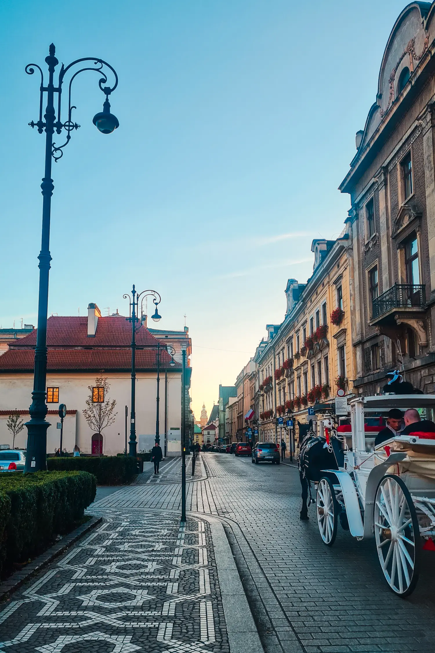 White horse and carriage on a cobbled street in Krakow Old Town lined by old houses and rod iron street lights, Krakow Airport to city center.