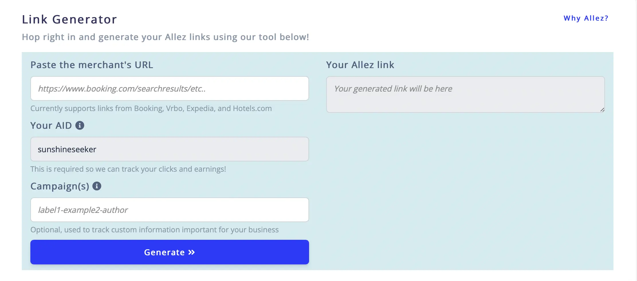 Link generator inside the Stay22 dashboard.