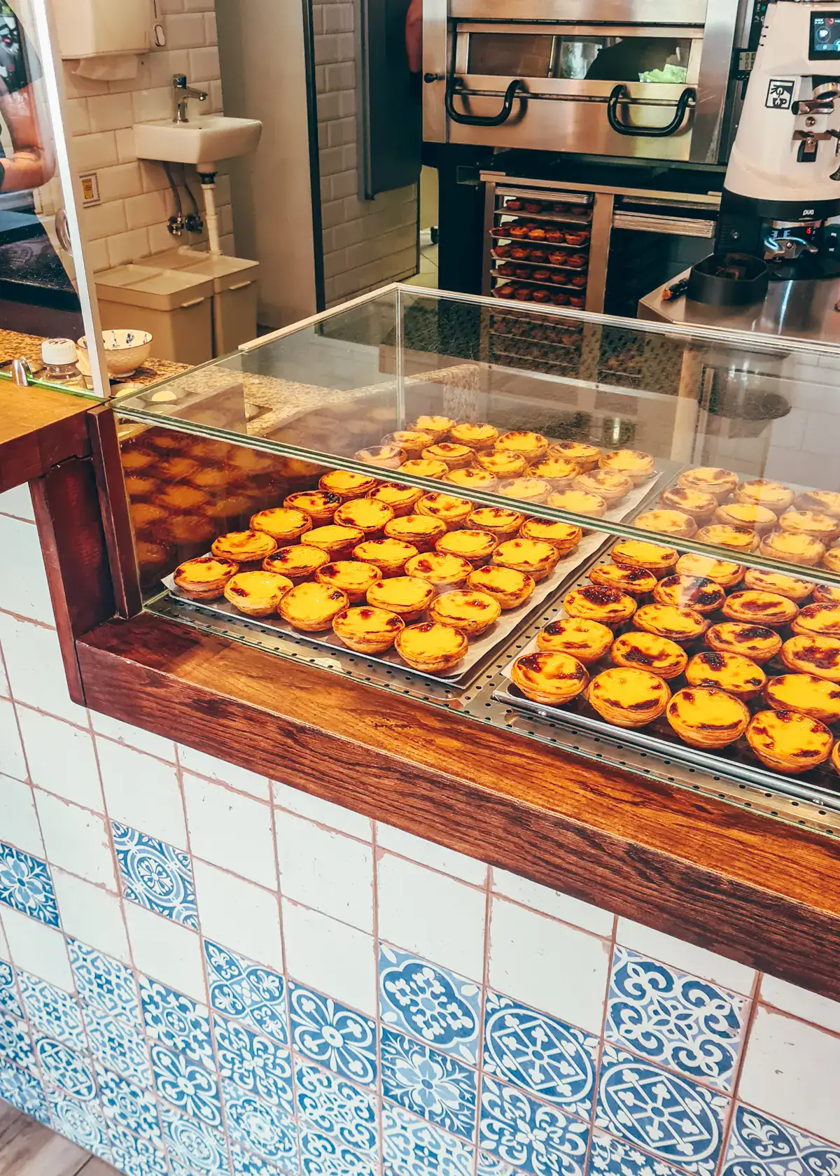 Glass display case with trays of Pasteis de Nata at Café Lisboa, one of the best cafés in Krakow.