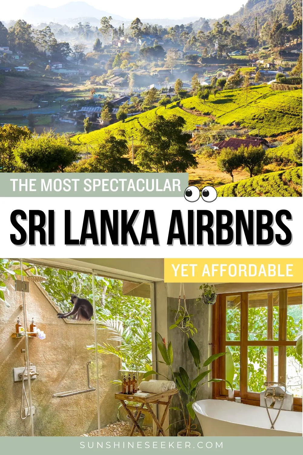 View of a lush hillside in Sri Lanka and a bathroom with a glass wall overlooking the jungle in one of the best Airbnbs in Sri Lanka.