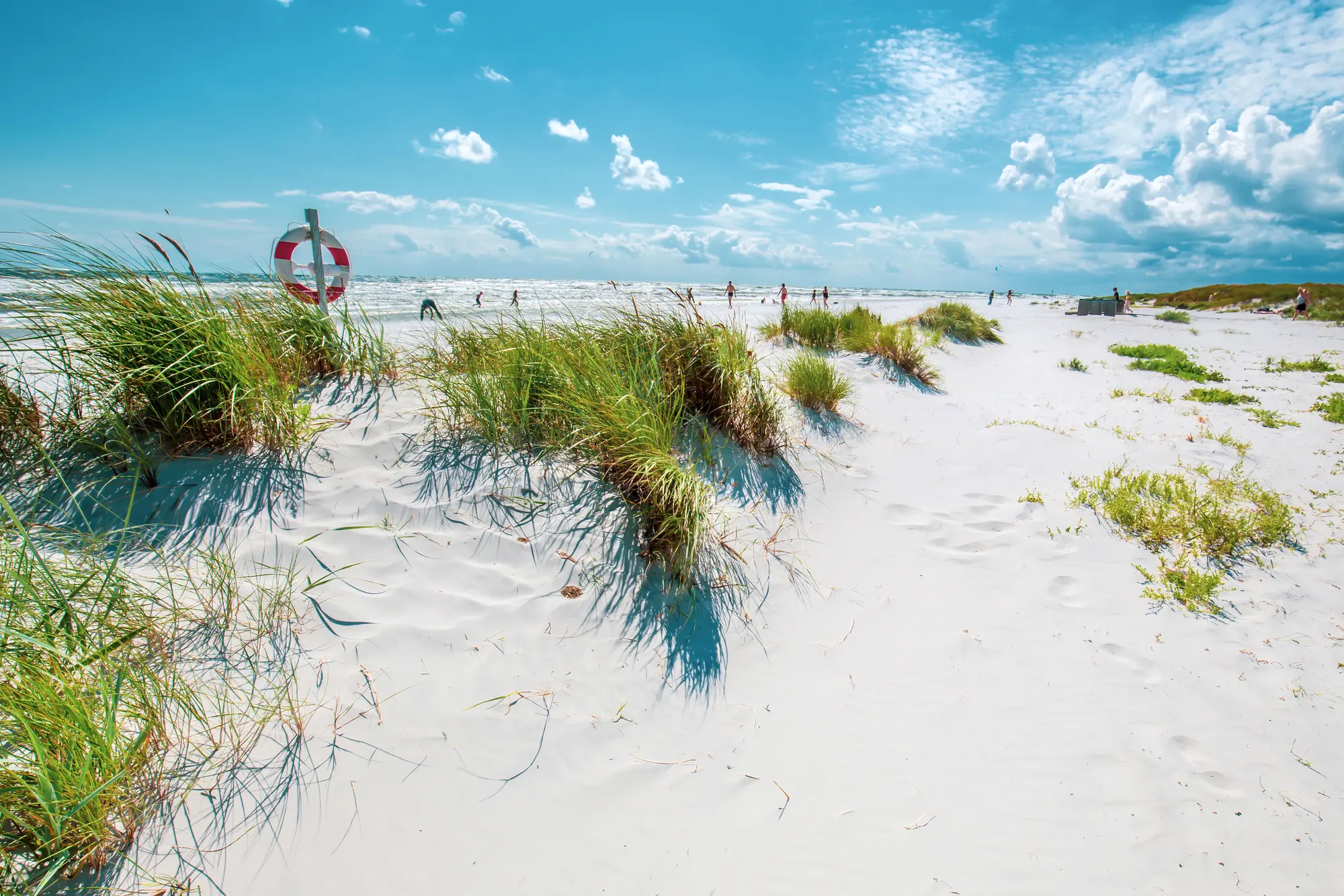 White sand dunes with green grass and a life saver ring on Bornholm Denmark, one of the best summer destinations in Europe.