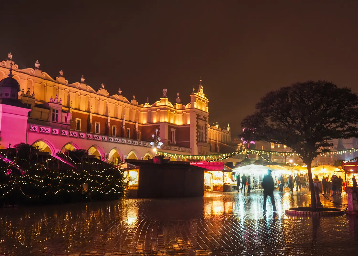 Christmas Market in Krakow at night lit up with the old Market Hall in the background.