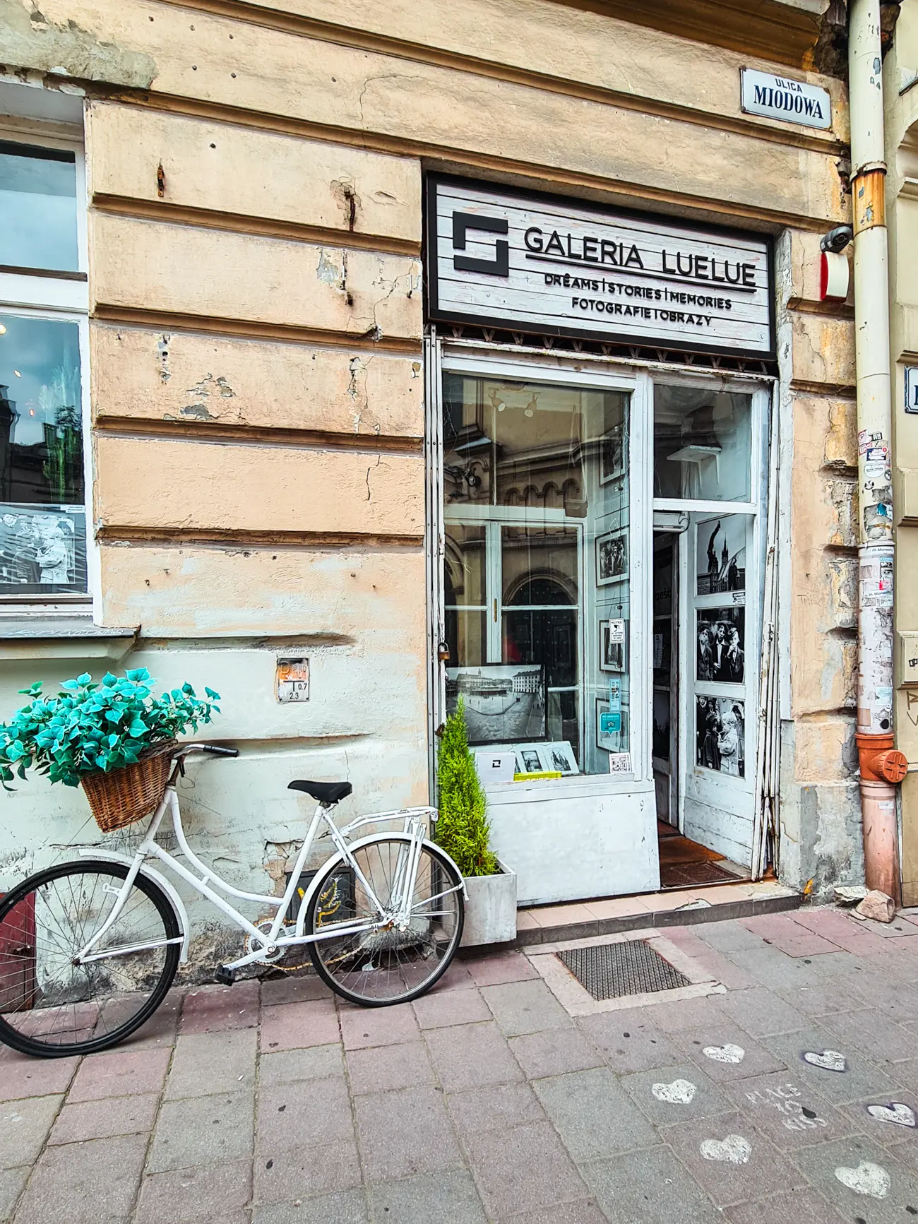 White bike with a green plant in the basket outside Galeria LueLue in a yellow building, a hidden gem in Krakow.