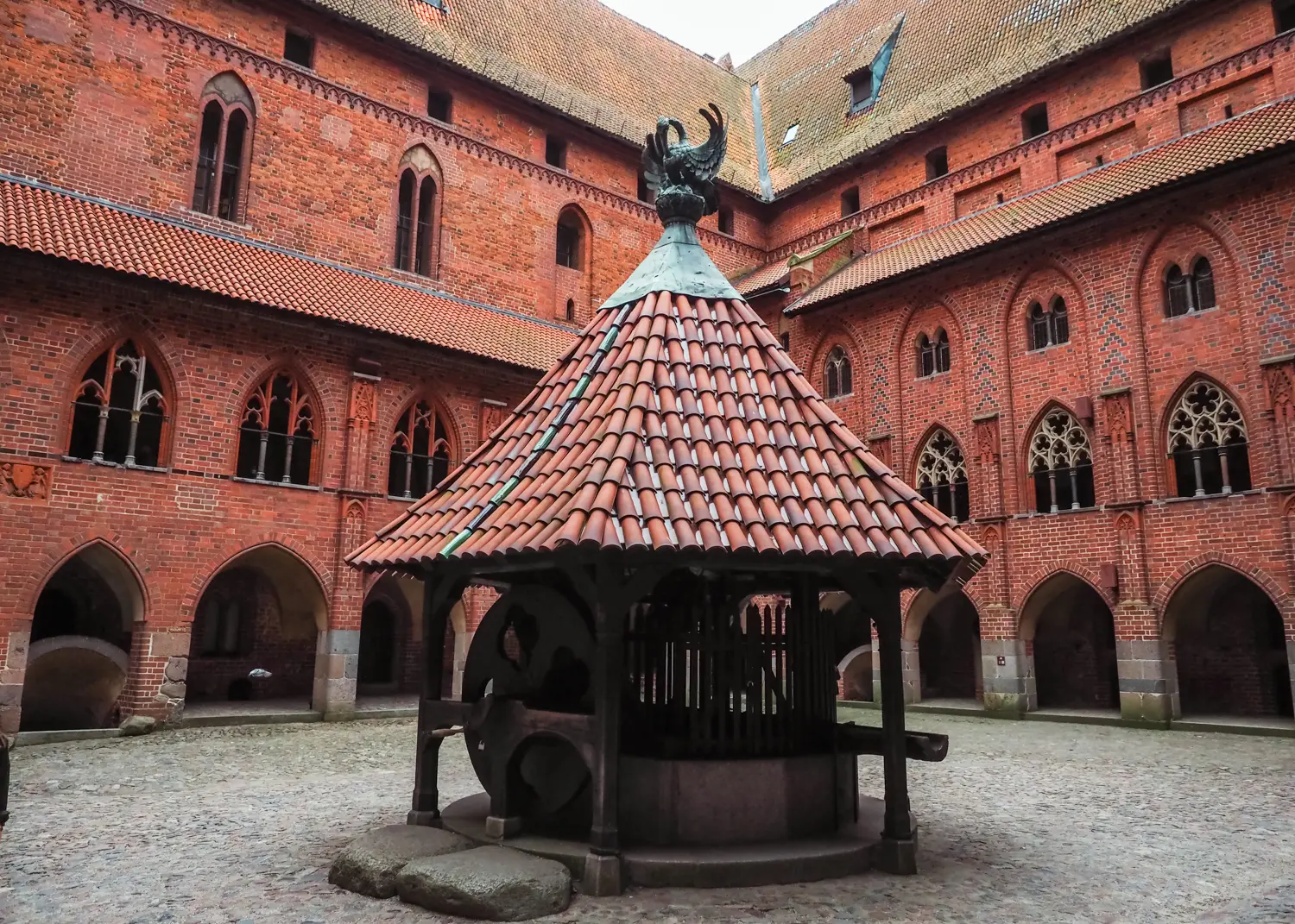 The well in the cobbled quad of the Upper castle, surrounded by a red brick structure at Malbork Castle.