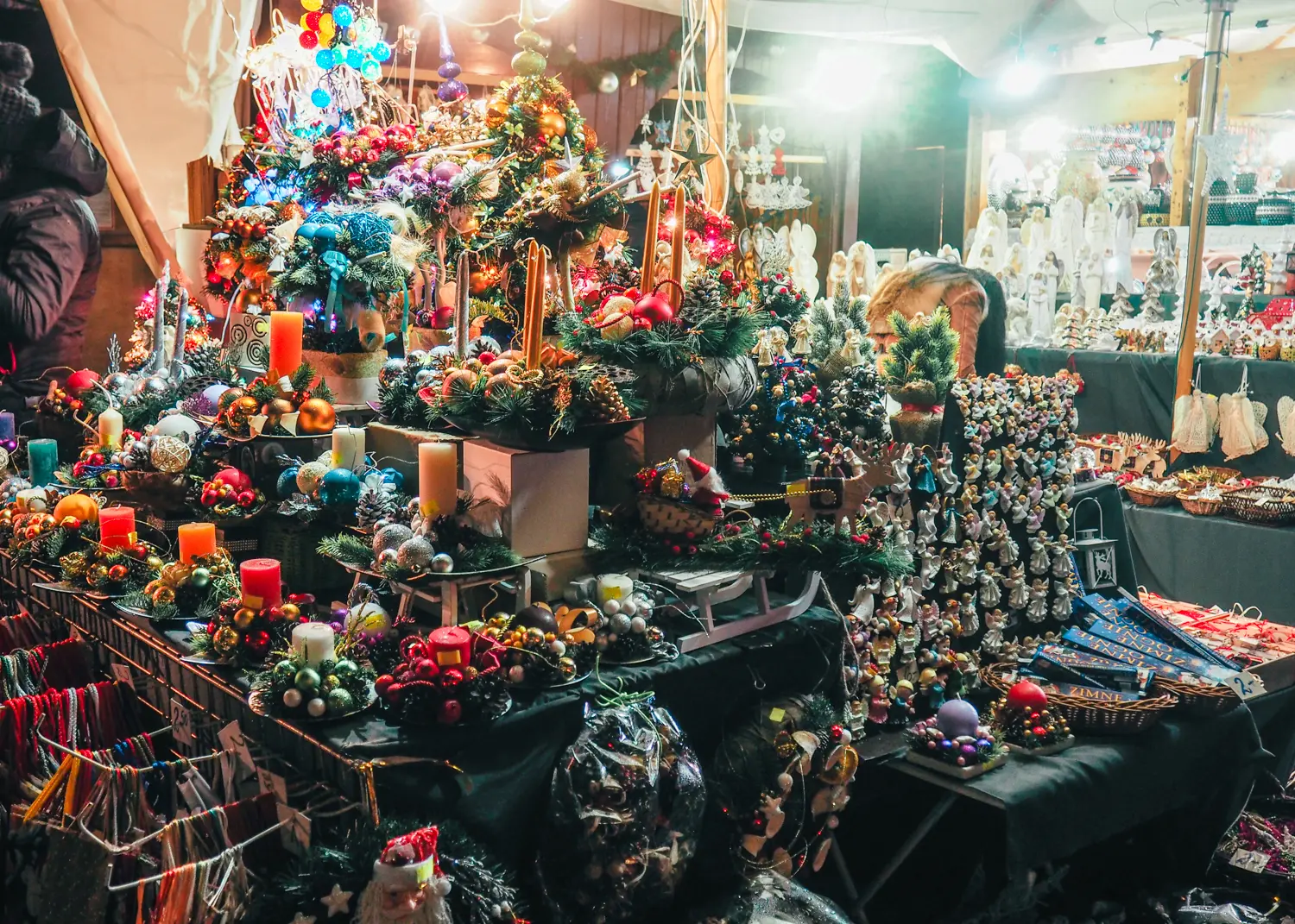 Stall at Krakow Christmas Market selling Christmas decor and ornaments.