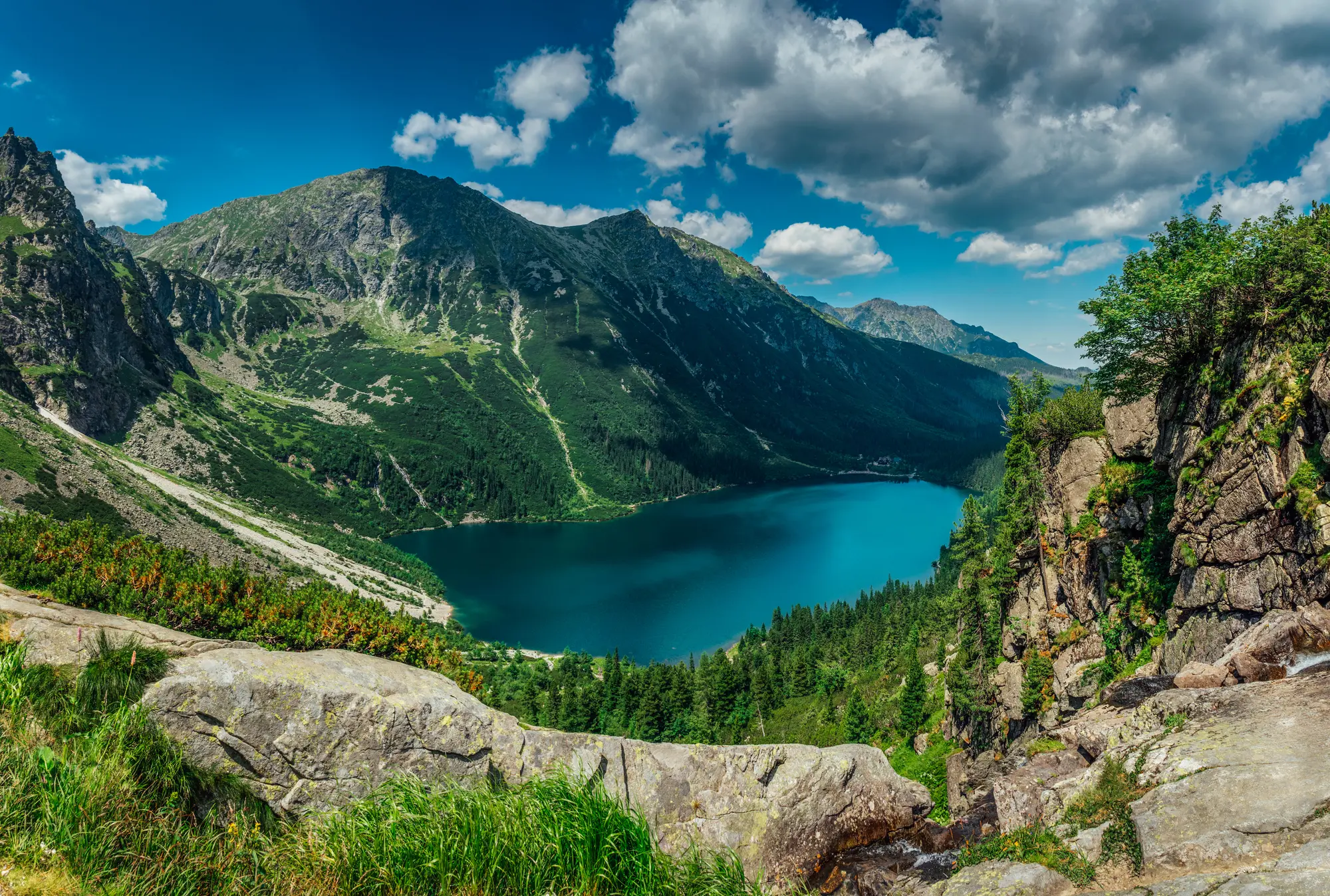 Looking down on the green blue Morskie Oko Lake surrounded by mountains covered in green during the summer months. Hike to Morskie Oko. How to get to Morskie Oko.