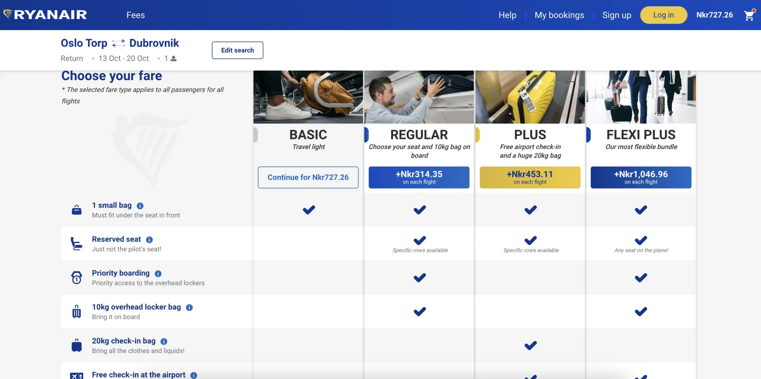 Screenshot of the different fare options on the white and dark blue Ryanair website.