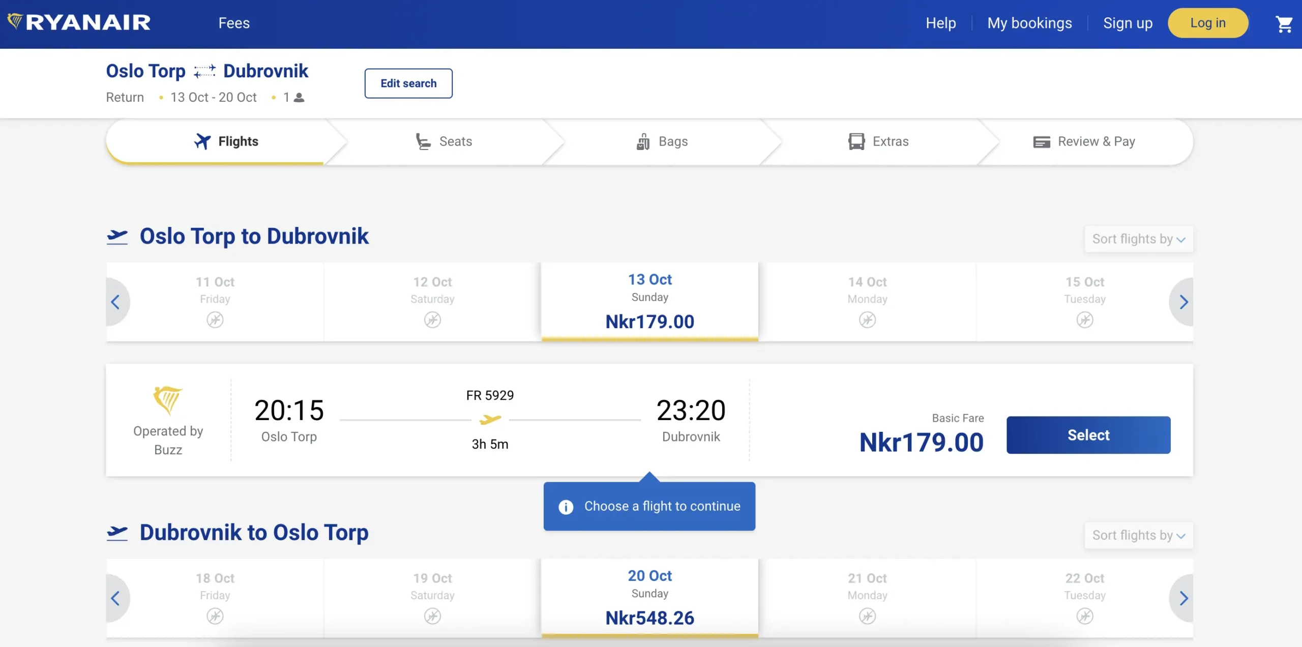 Screenshot of booking a flight from Norway to Dubrovnik on the the white and dark blue Ryanair website.