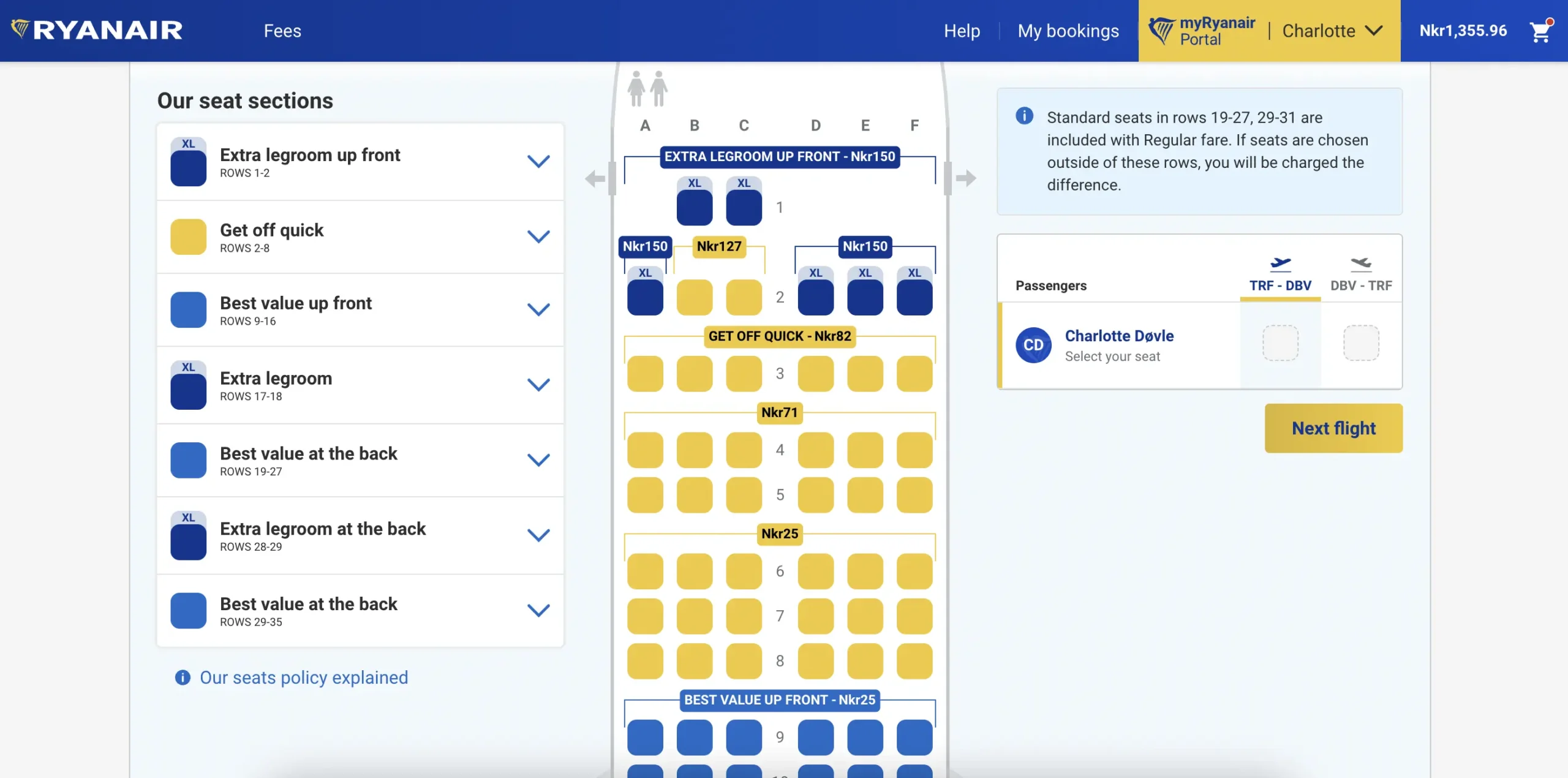 Screenshot of the seating chart with included and premium seats on the white and dark blue Ryanair website.