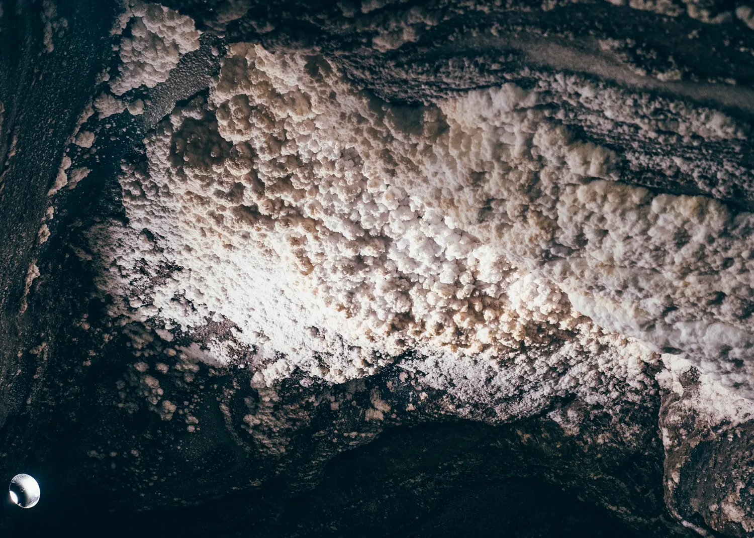 Close up of white rock salt on the ceiling of Wieliczka Salt Mine, Krakow.