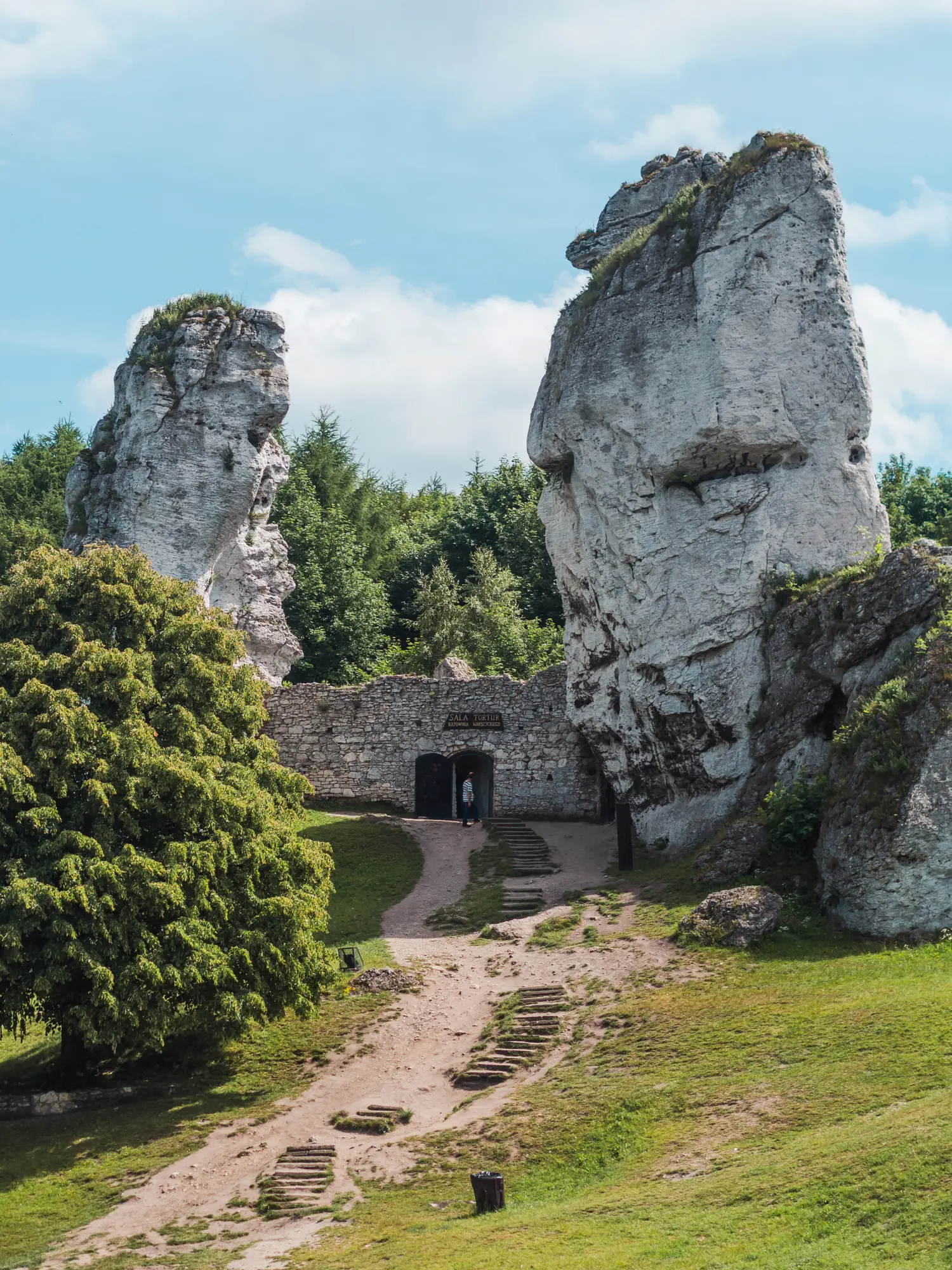 Stone wall with a door built between two tall and narrow limestone formations surrounded by green grass and trees at Ogrodzieniec Castle in Poland.