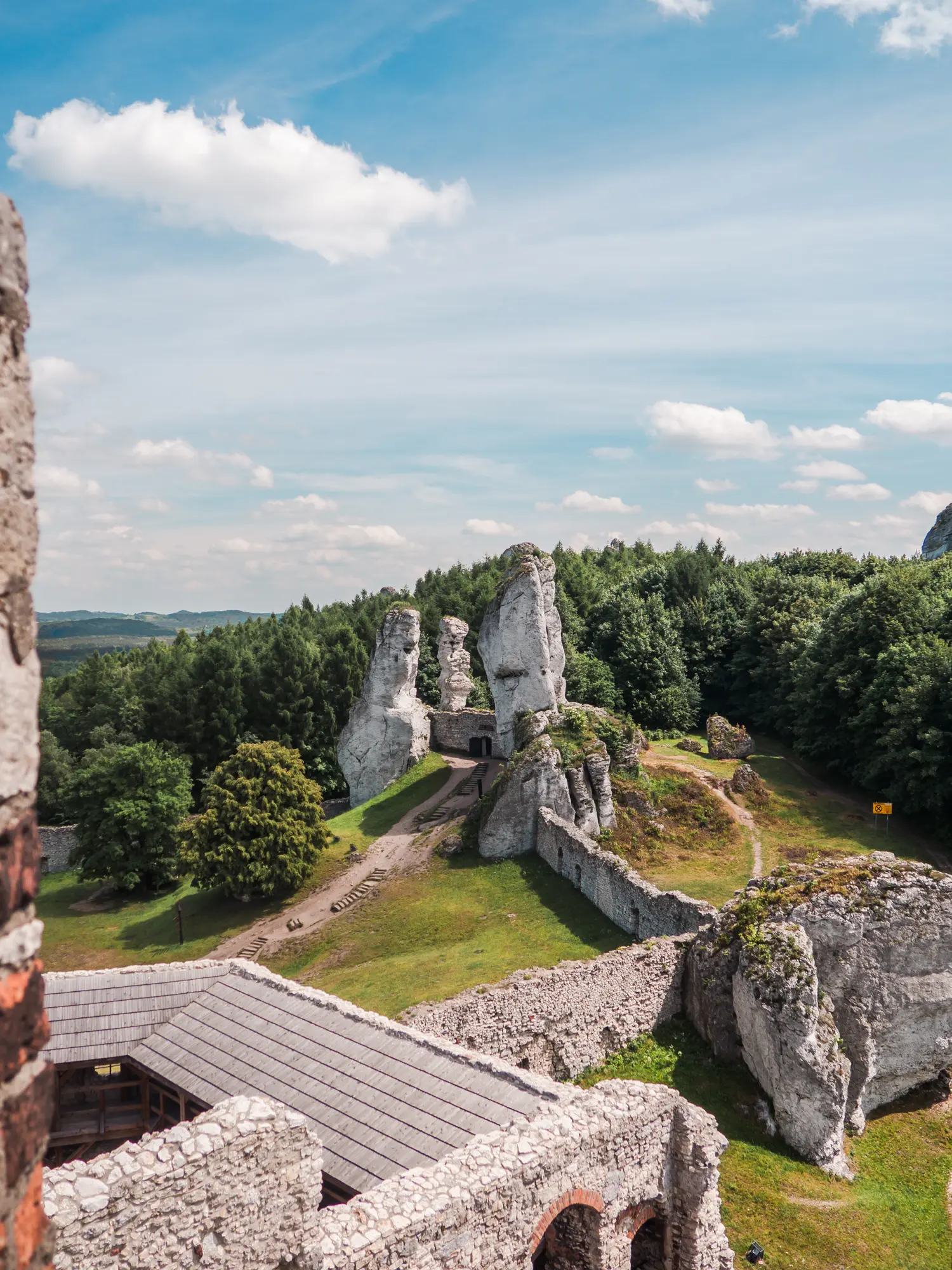 Looking out from Ogrodzieniec Castle on a stone wall with a door built between two tall and narrow limestone formations surrounded by green grass and forest.