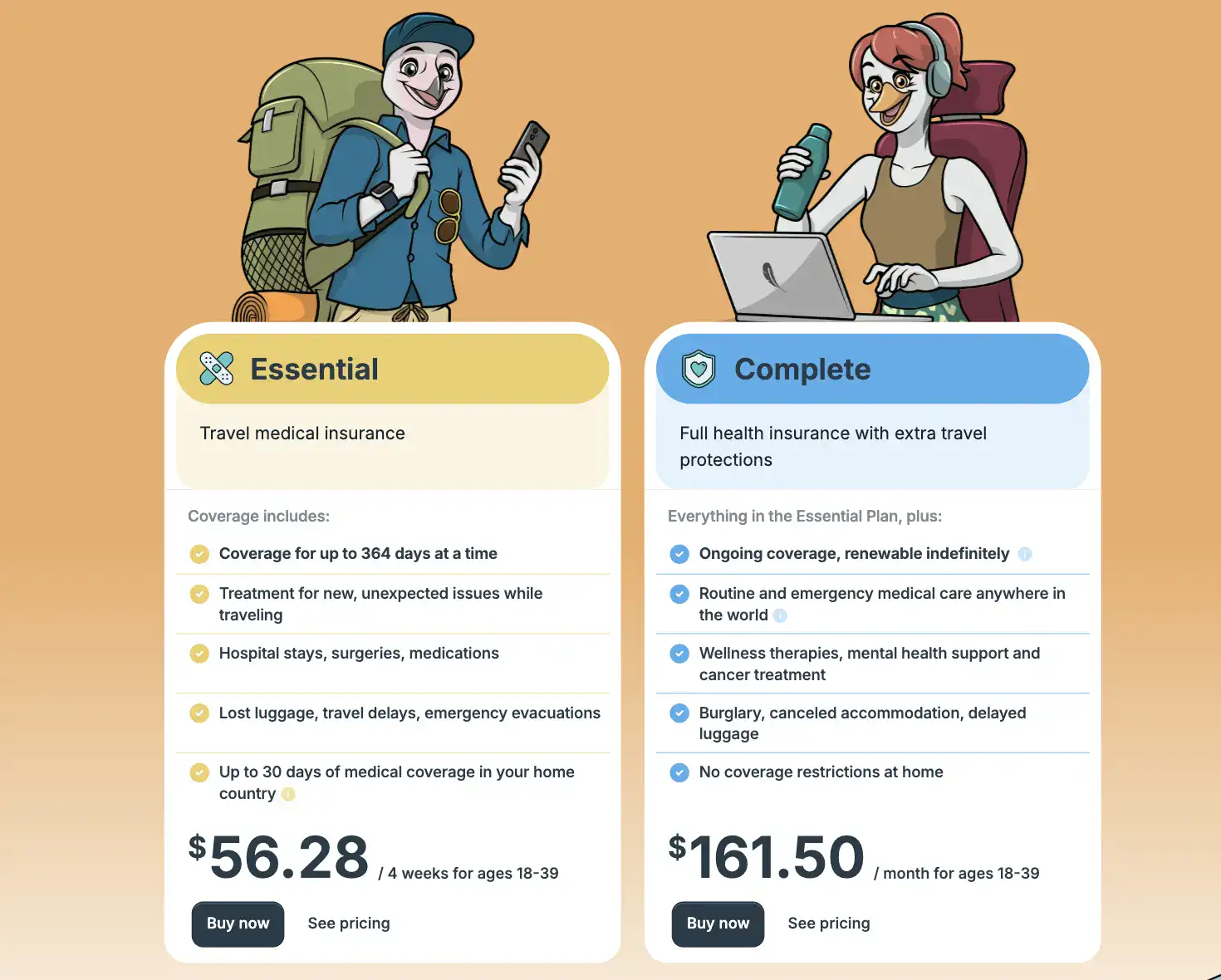Screenshot of a quick overview of SafetyWing Nomad Insurance Essential vs. Complete, with and orange background and two traveling bird mascots.