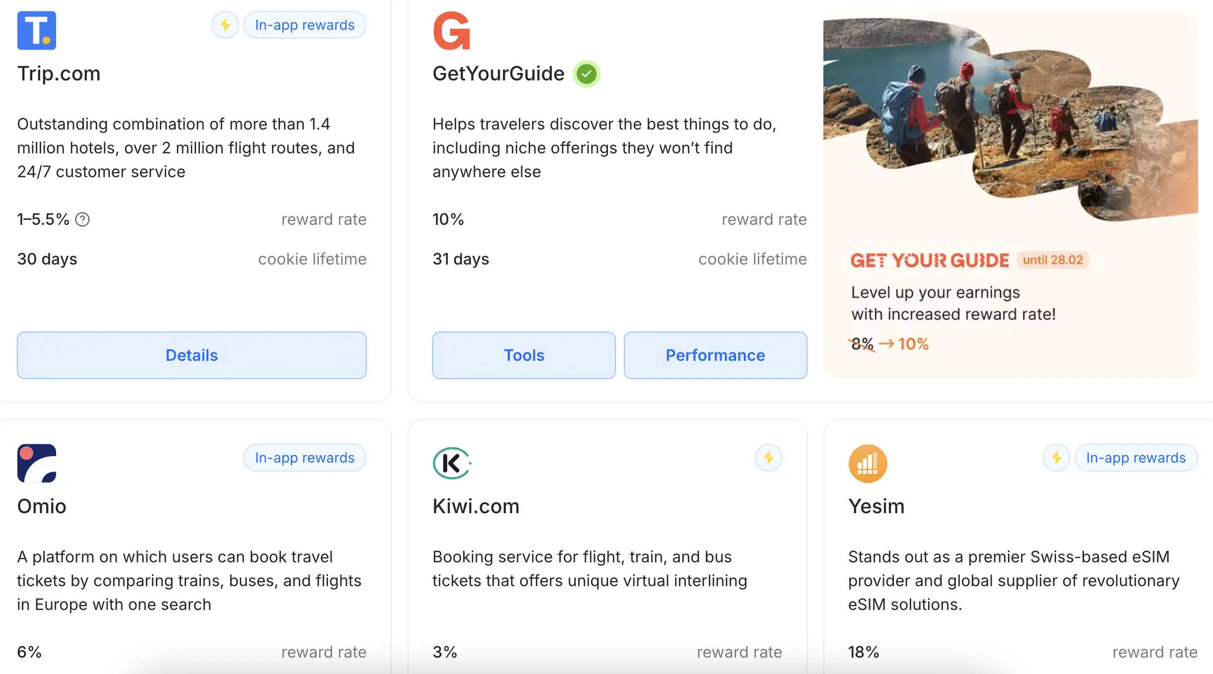Screenshot of the programs included in the Travelpayouts platform.