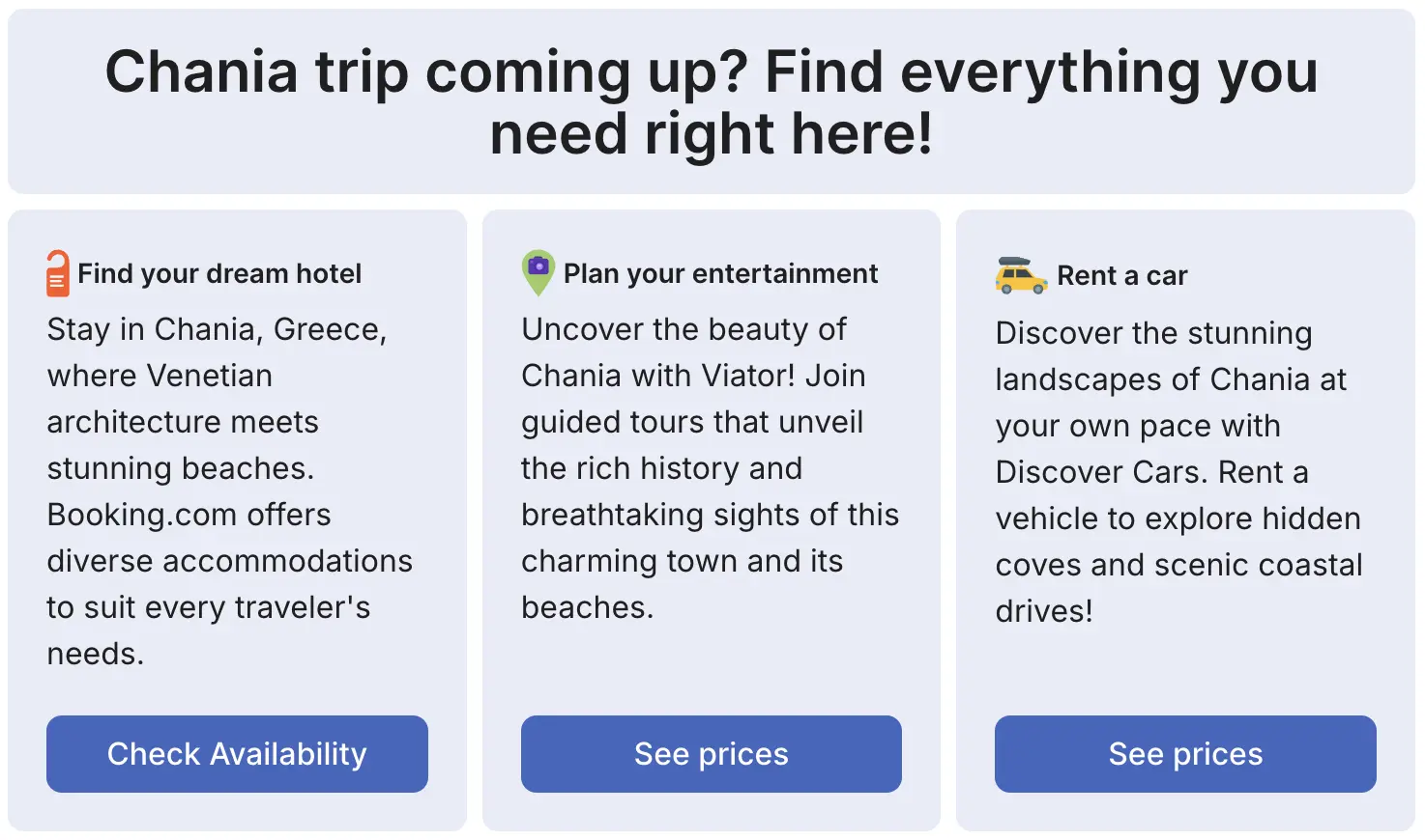 Screenshot of four light blue boxes giving travel advice, using Travelpayouts AI affiliate tool Emerald example.