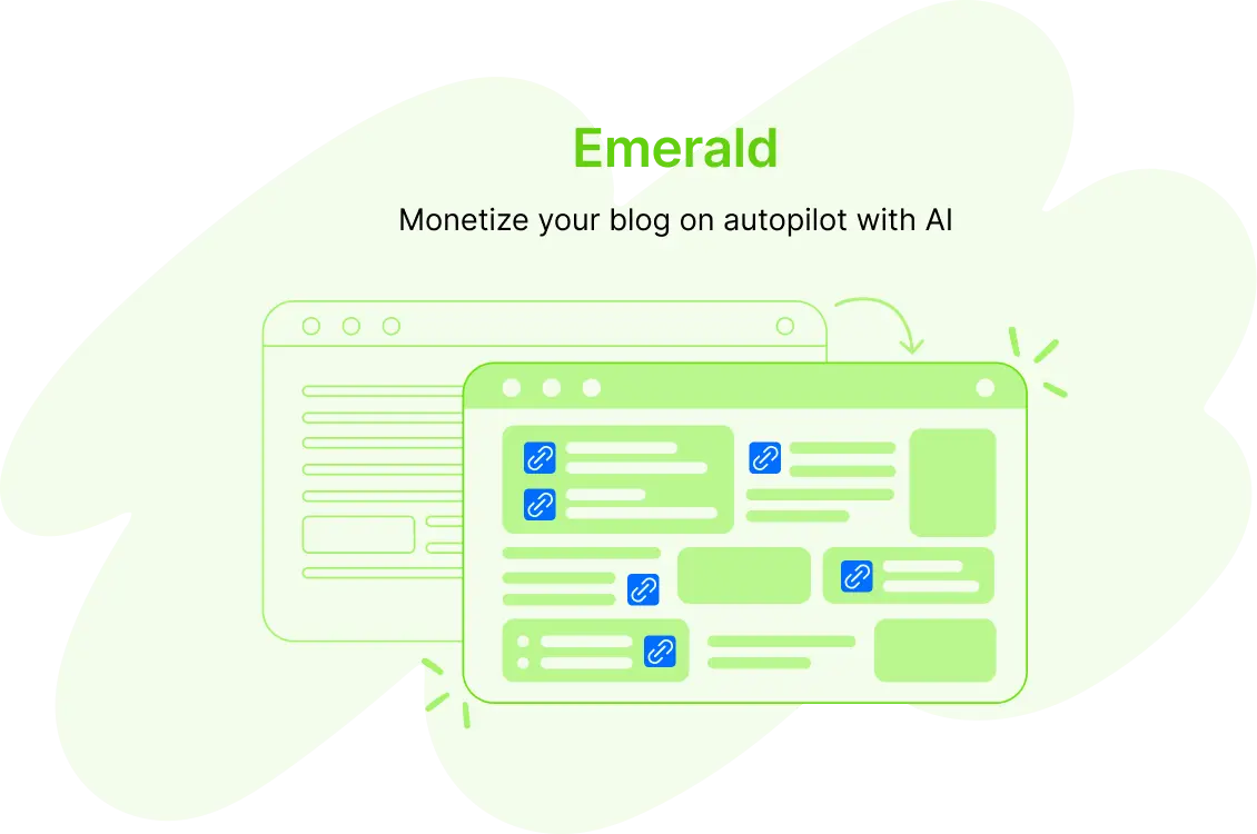 Light green and apple green graphic showing Travelpayouts new AI tool Emerald, helping creators make passive income.