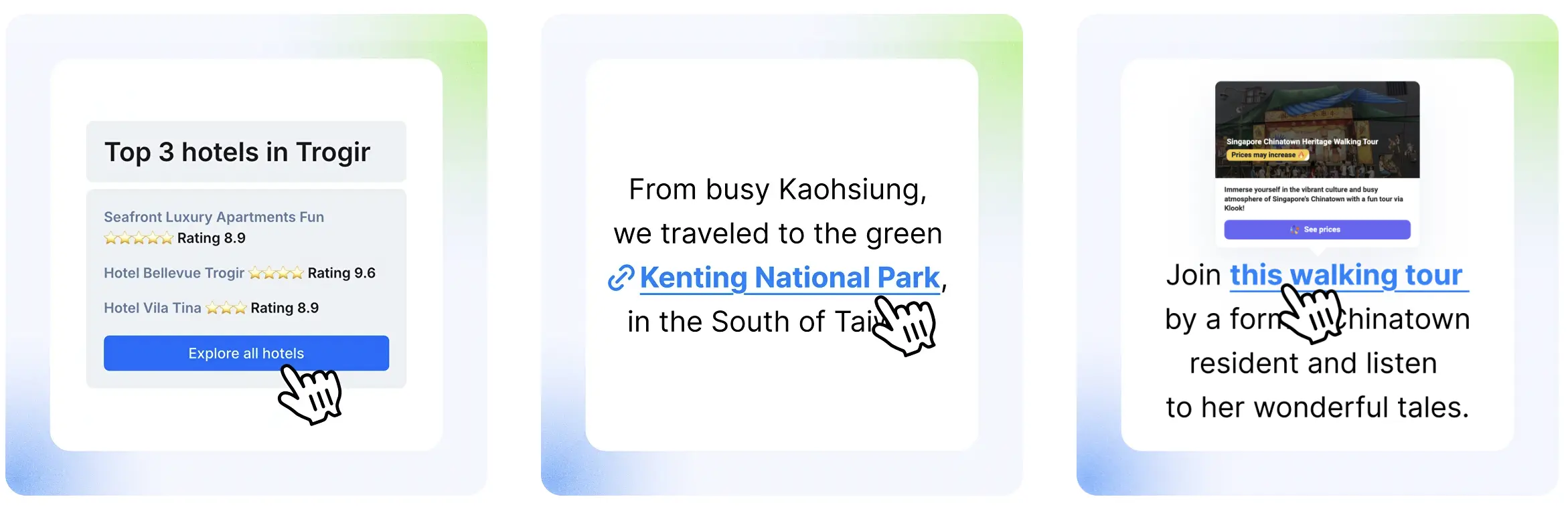 Screenshot of three boxes with blue and green gradient border from the Travelpayouts website showing how their AI affiliate tool Emerald helps you make more passive income.