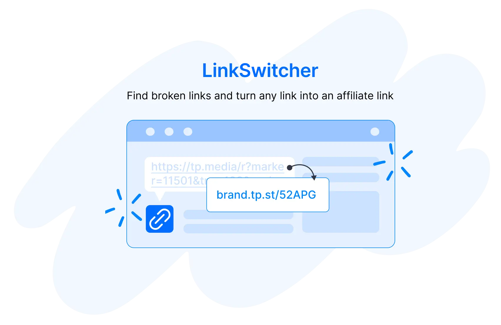 A blue and white graphic showing Travelpayouts tool LinkSwitcher, helping travel creators earn more passive income.