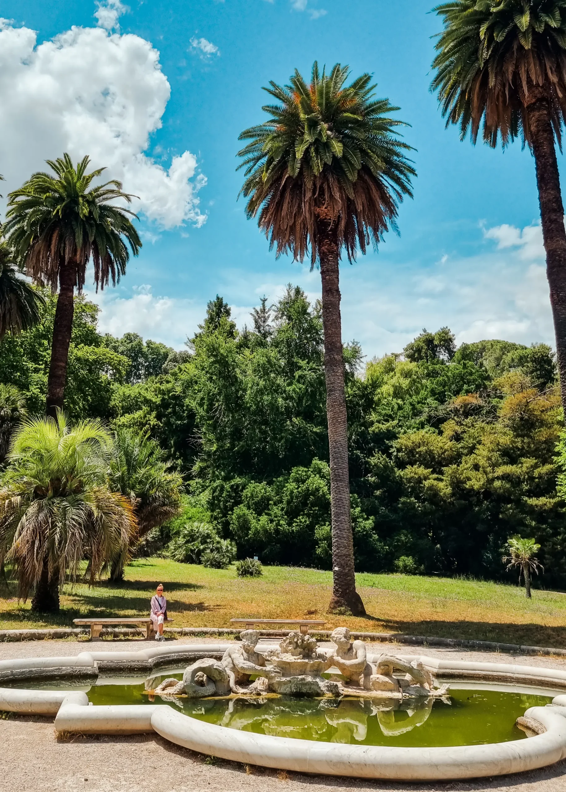 Woman sitting on a bench under three passive palm trees with a fountain in the foreground in Rome Botanical Garden, best areas to stay in Rome.