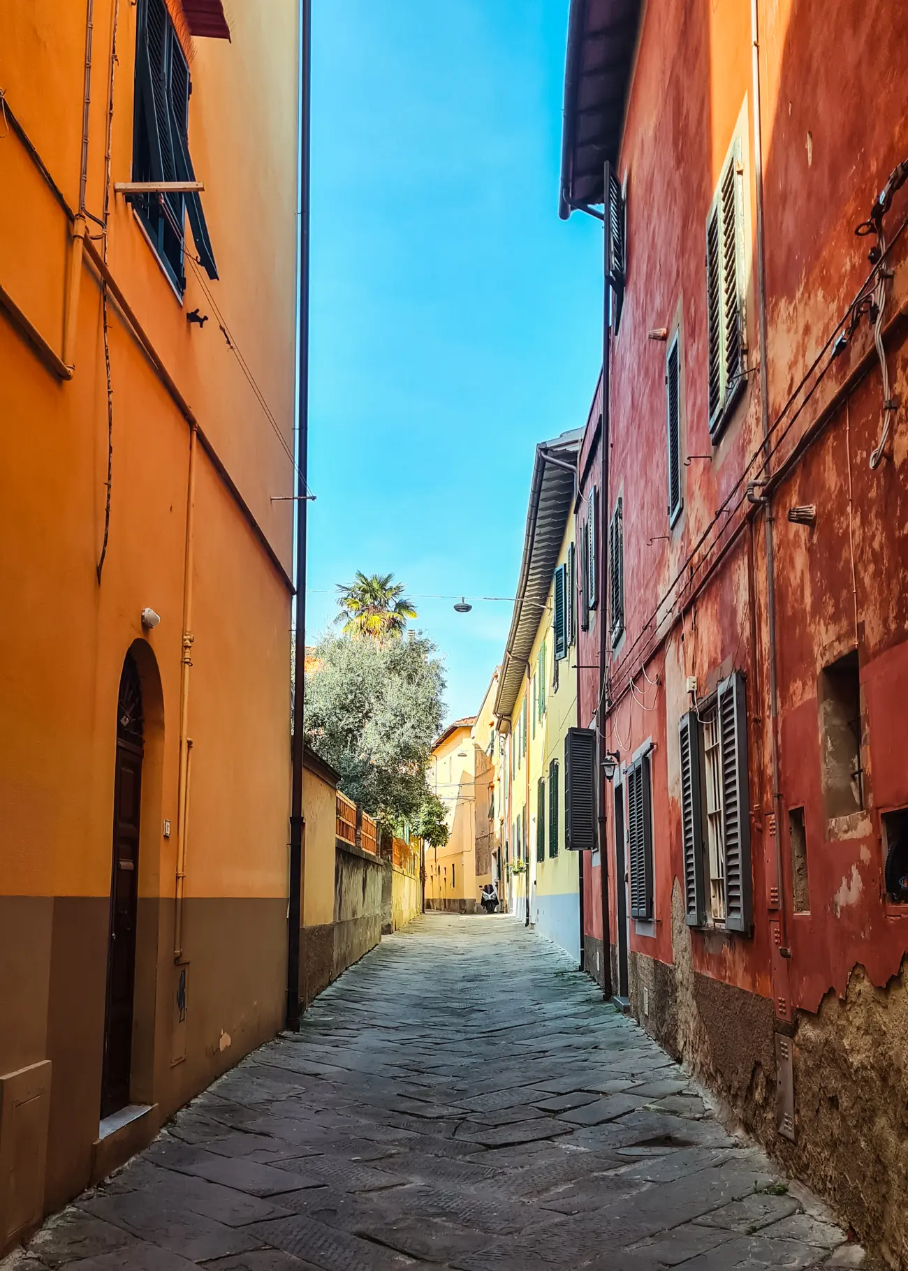 Narrow cobbled alley between an old red house and an orange house on the left with yellow houses and some greenery seen in a distance on a sunny day in Pisa.