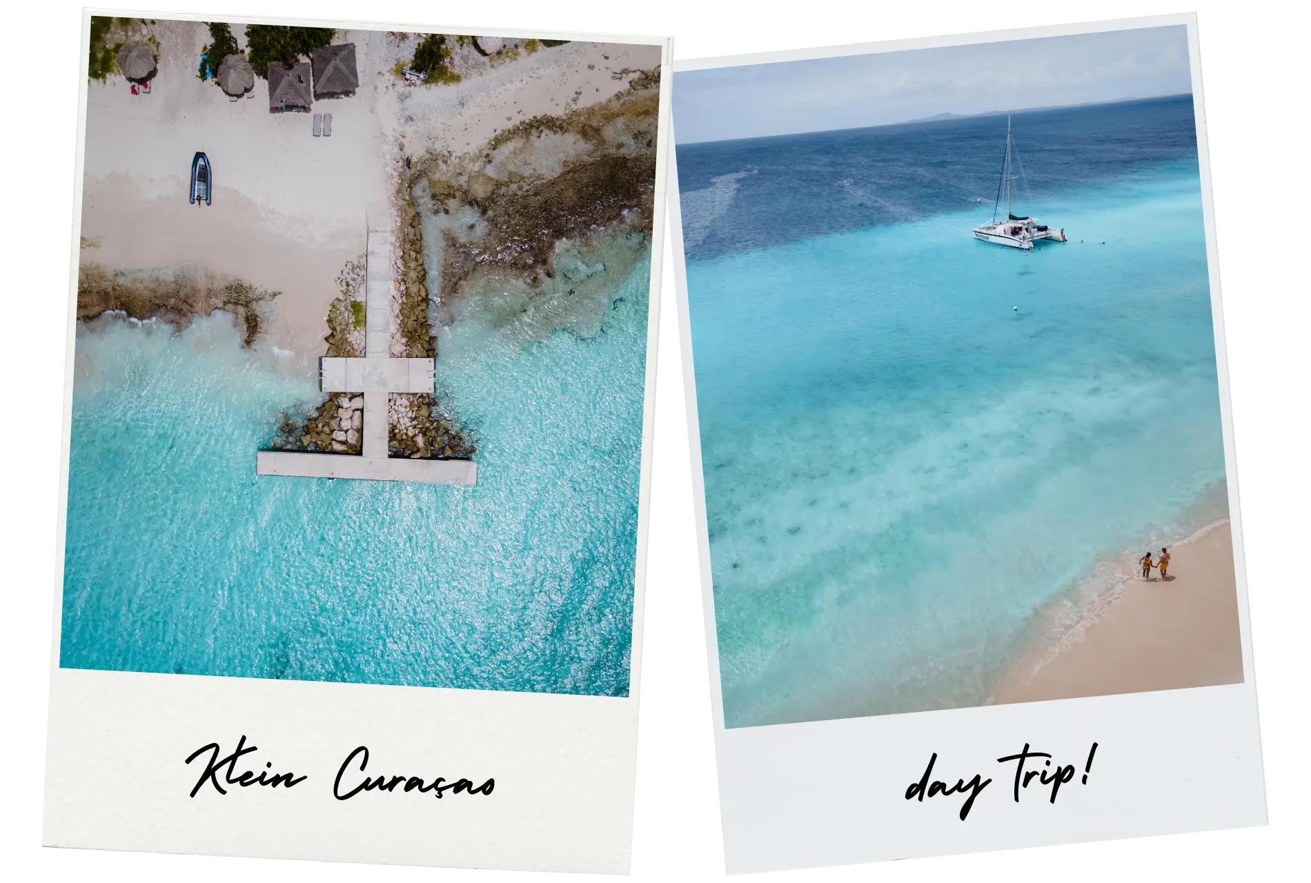 Two slightly tilted polaroid frames with photos of turquoise ocean, a dock and a catamaran during a day trip to Klein Curaçao.