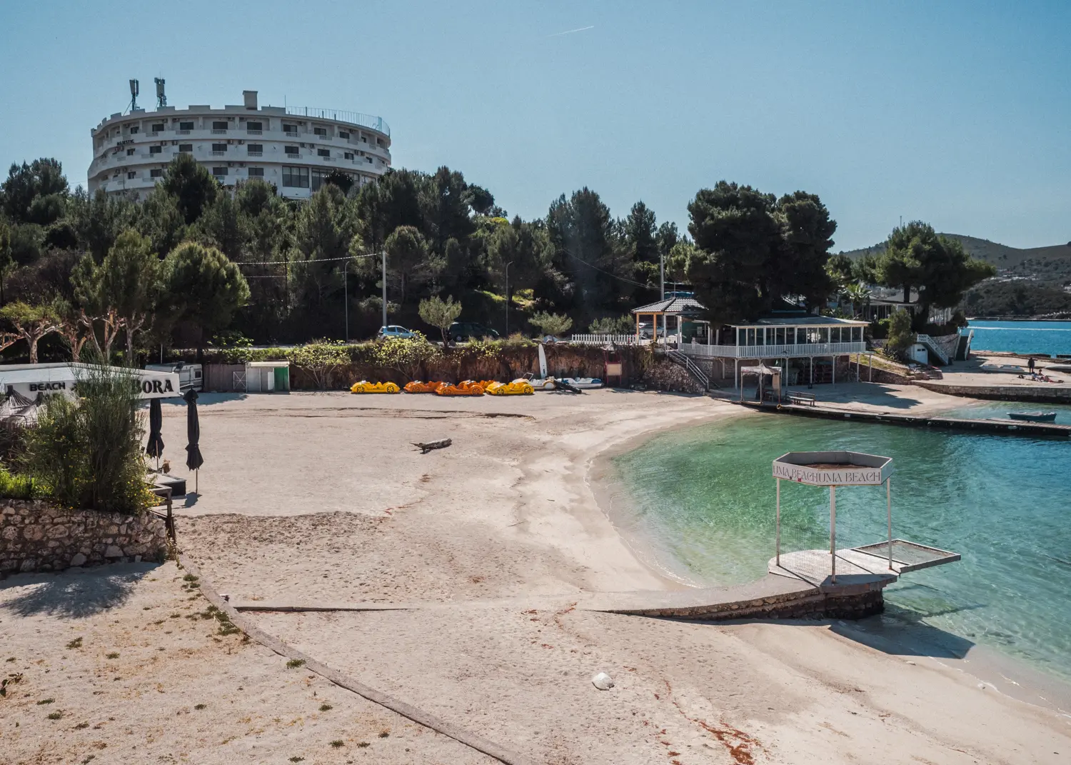 Empty Bora Bora Beach, one of the most popular beaches in Ksamil.