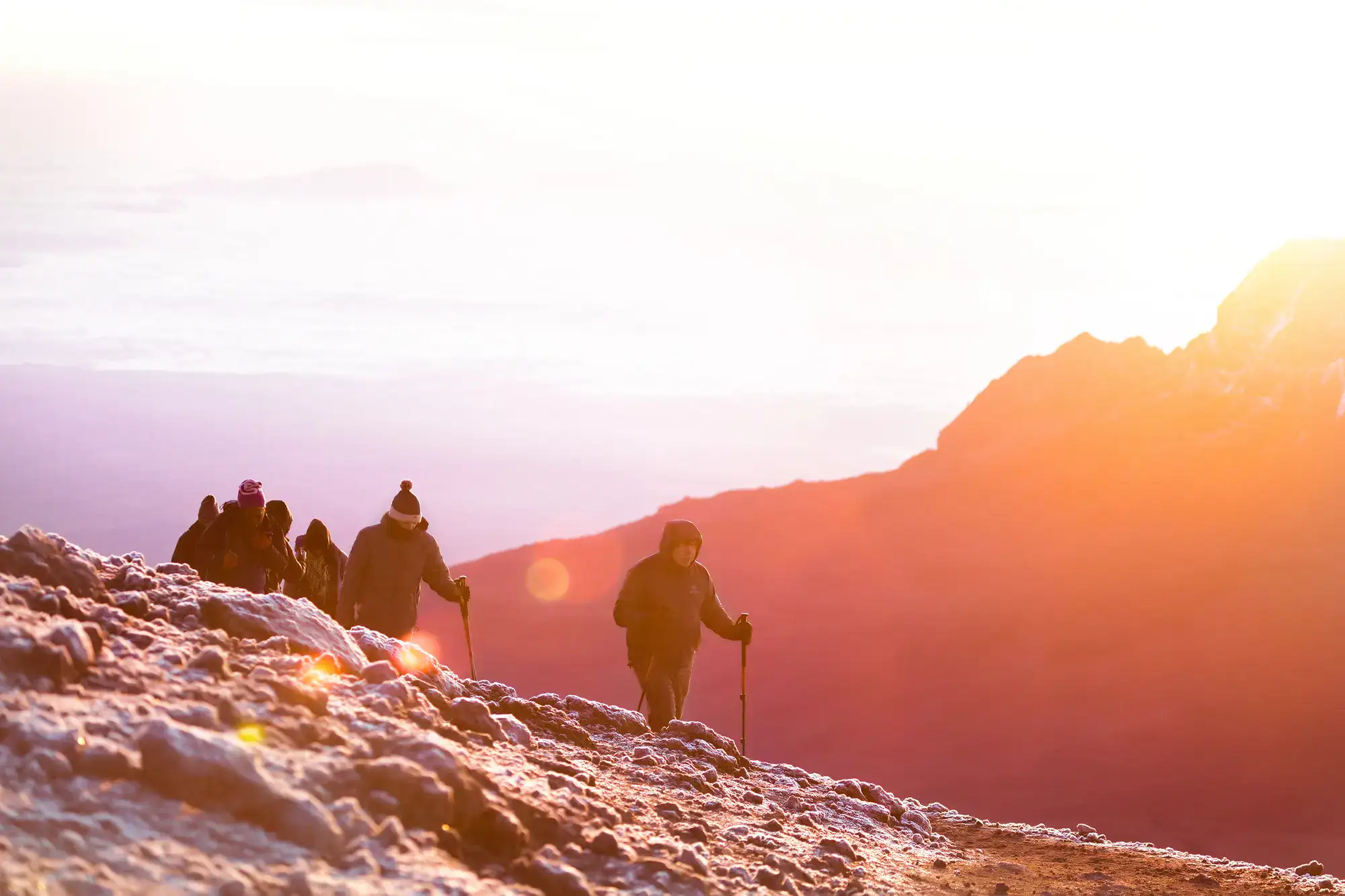 Five people walking with walking sticks up Mount Kilimanjaro during a pink and orange sunrise, with a mountain in the background. Hike Kilimanjaro guide.