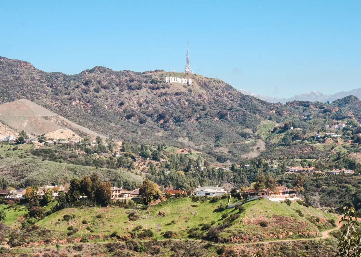 Large white Hollywood sign on a dry hill with a green area and houses in the foreground, even during a Los Angeles Itinerary.