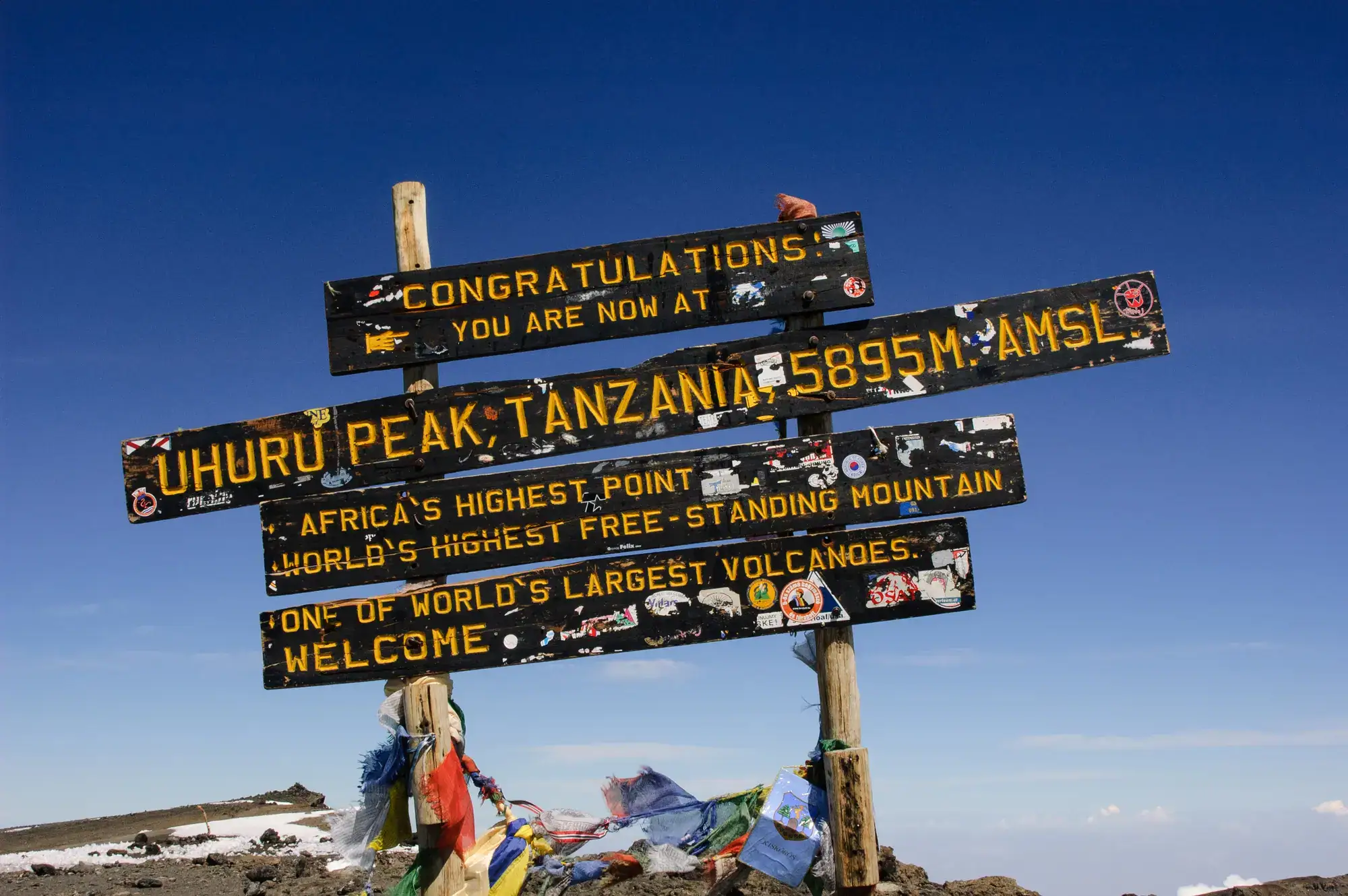 Wooden sign at the summit of Mount Kilimanjaro with a blue sky in the background, in yellow text it says, congratulations you are now at Uhuru Peak, Tanzania, 5895 M. AMSL.