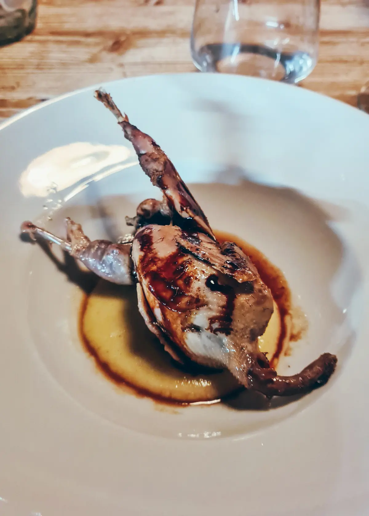Whole roasted quail on polenta topped with a dark brown plum sauce, part of the 7-course tasting menu at Mullixhiu Restaurant in Tirana, Albania.