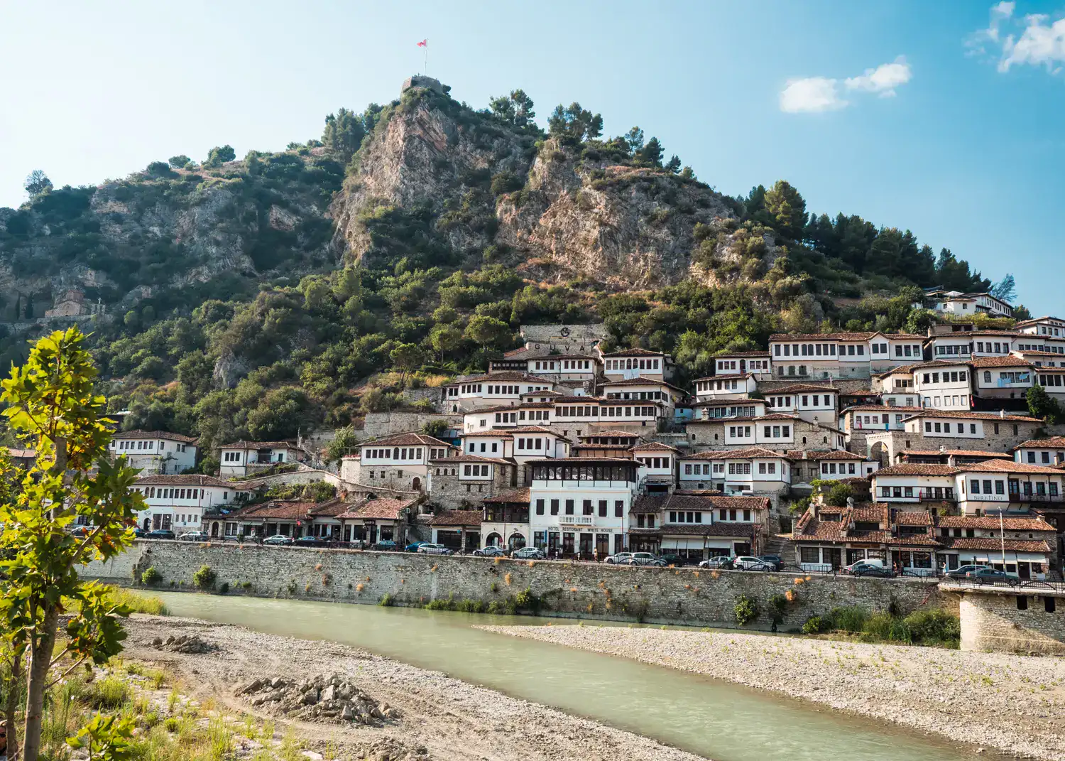 View of narrow green river with a mountain in the background, white and brown houses with many small windows built on the hillside in Berat, Albania.