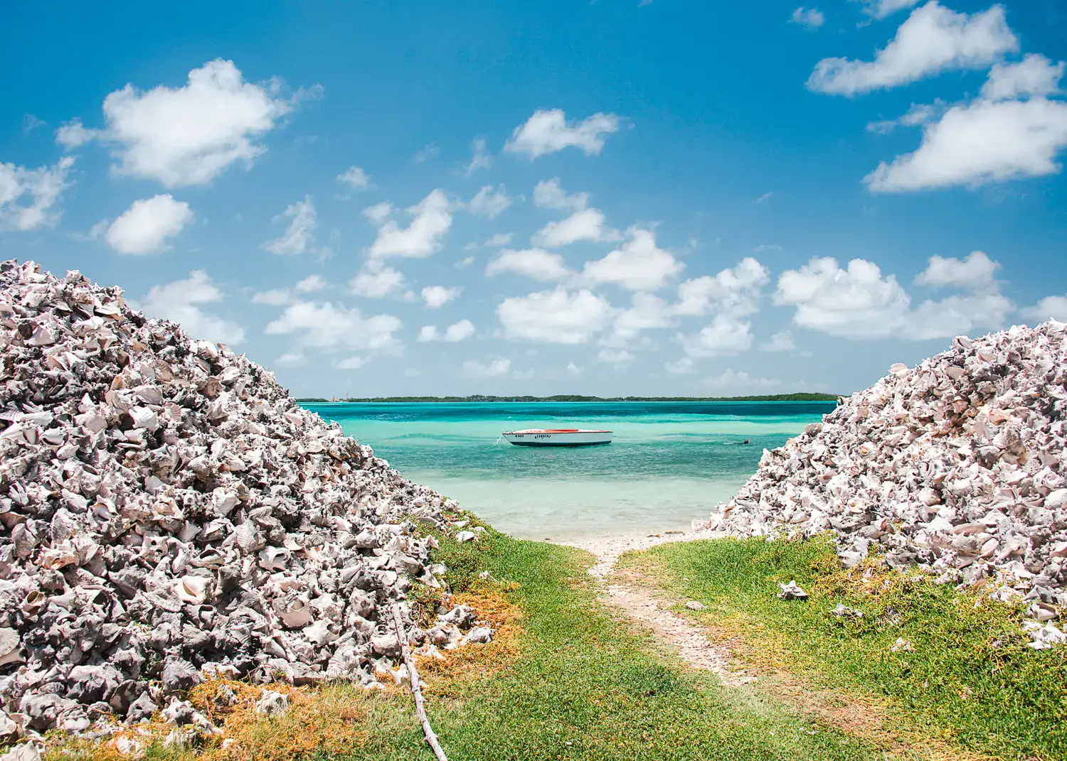 Looking through two big piles of conch shells onto a sailboat on the turquoise ocean, on a day sunny day with light clouds during one day in Bonaire.