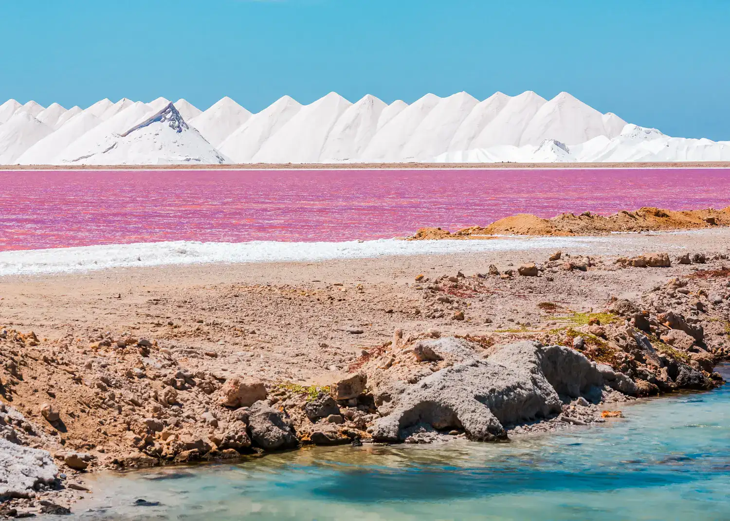 White salt hills behind a pink salt lake, brown dirt in the foreground on a sunny day in Bonaire.