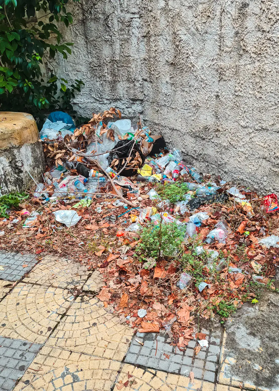 Pile of leaf and garbage, next to a cement wall, on a tiled street in Skhod&euml;r. Albania has a waste problem.