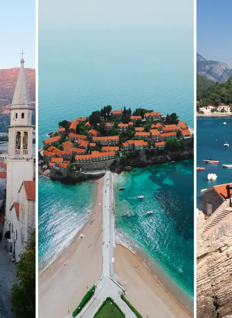Photo in 3 parts, left: View of Budva's Old Town at sunset with a pink glow and mountains in the background. Middle: View from above of Sveti Stefan island with old, orange roofed houses, surrounded by turquoise water. Right: Houses with orange roofs built on a rocky outcrop surrounded by dark blue water in Petrovac, Montenegro. Where to stay.