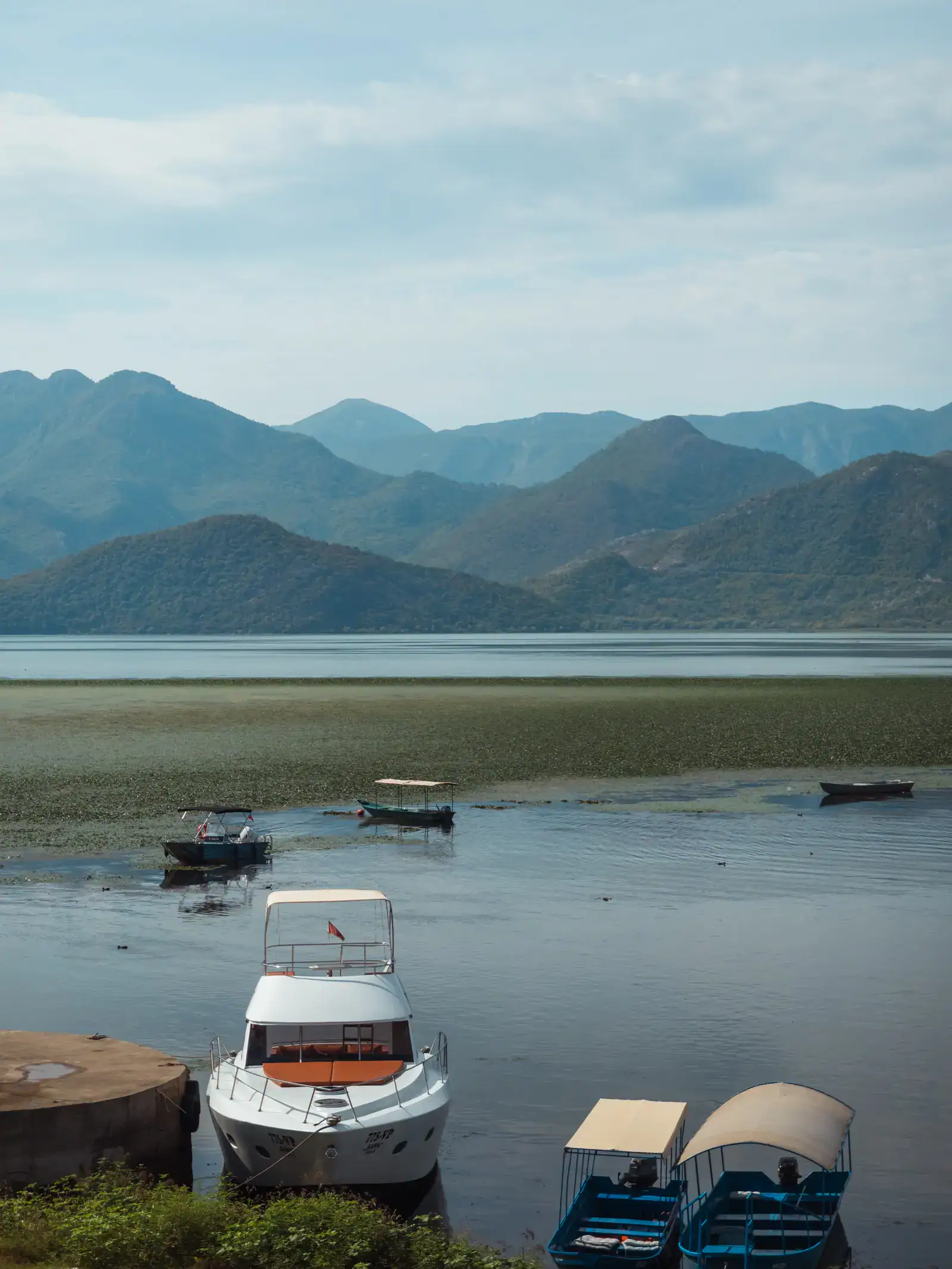 One white day cruiser, two smaller blue boats with beige roofs, three small boats in the background on the calm Lake Skadar with mountains in the background, Shkoder Albania.