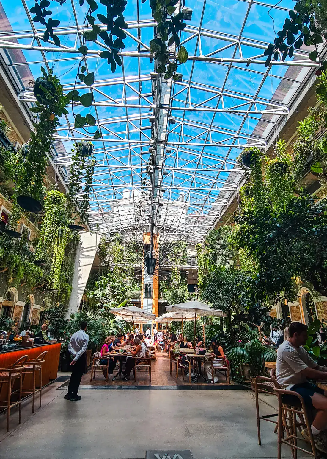 Looking into Twentysix Restaurant in Budapest, set under a glass roof between two apartment buildings with greenery on the walls.