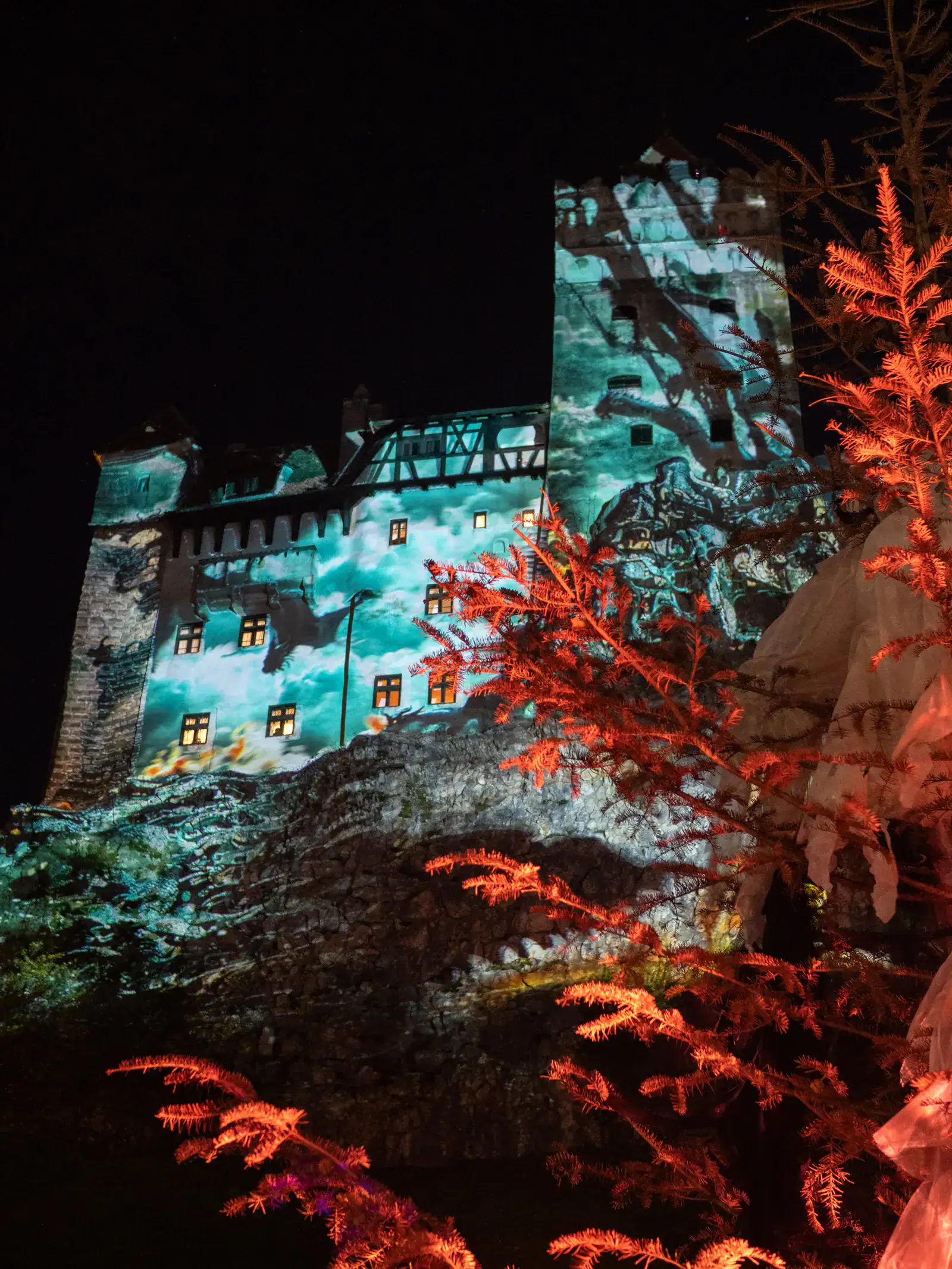 Looking up at the old, stone, Bran Castle lit up by a light show with a dragon and bats, red tree in the foreground during the Halloween celebrations.