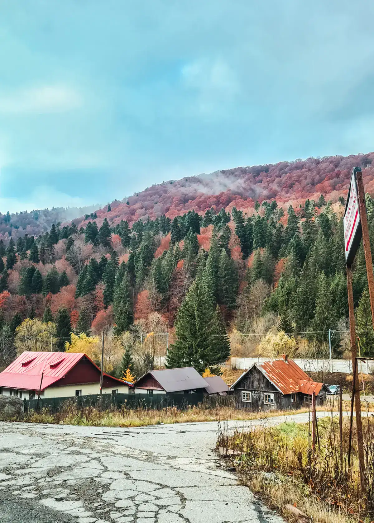 Photo of the Romanian countryside of mountains with orange, red and green trees, tree small houses by the road, on s cloudy day, private transfer from Brasov to Bucharest with Daytrip.
