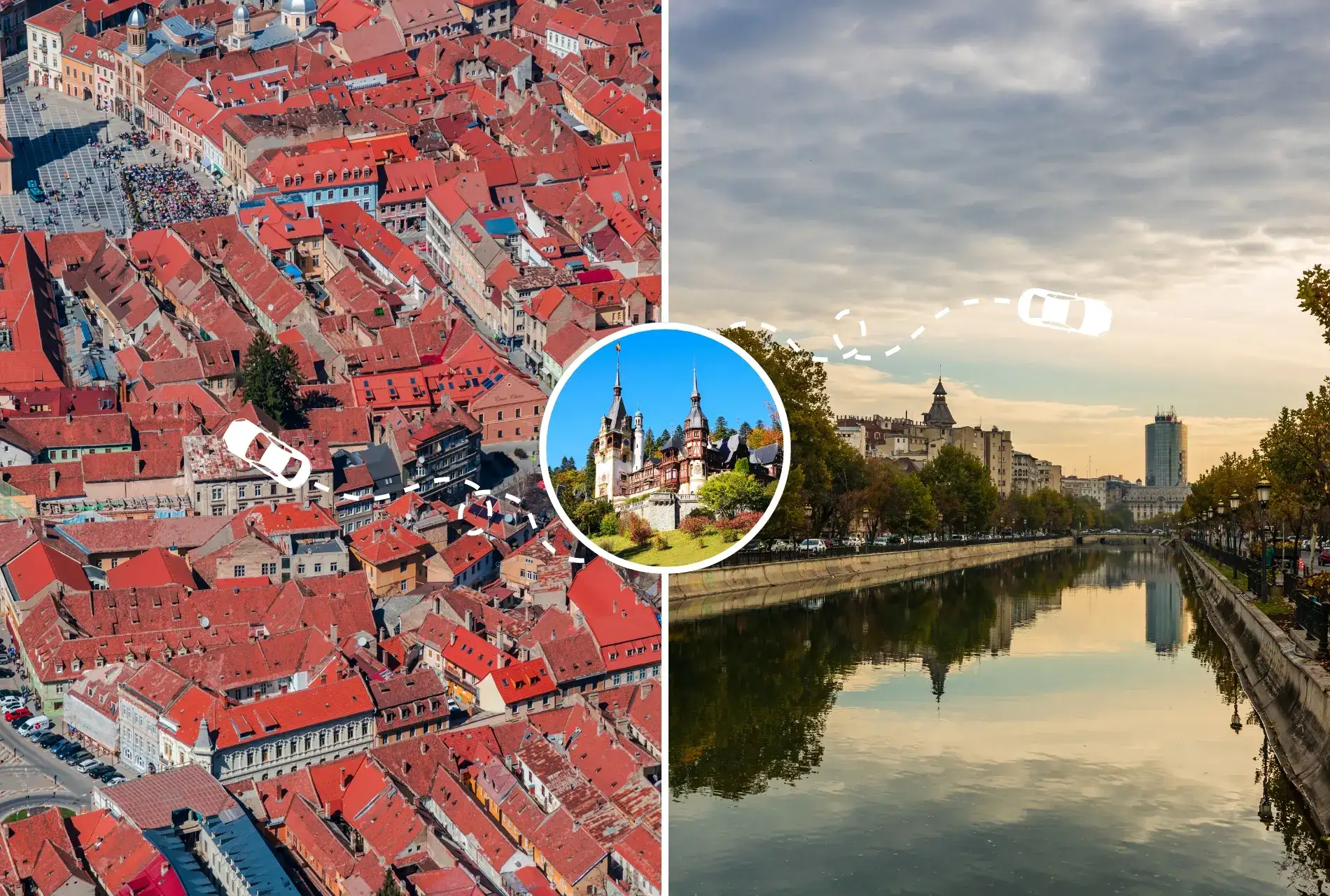 Photo left: Red rooftops of Brasov Old Town. Photo right: Sunset over a river in Bucharest. Phot of Peles Castle in the middle. Review of our private transfer with Daytrip.