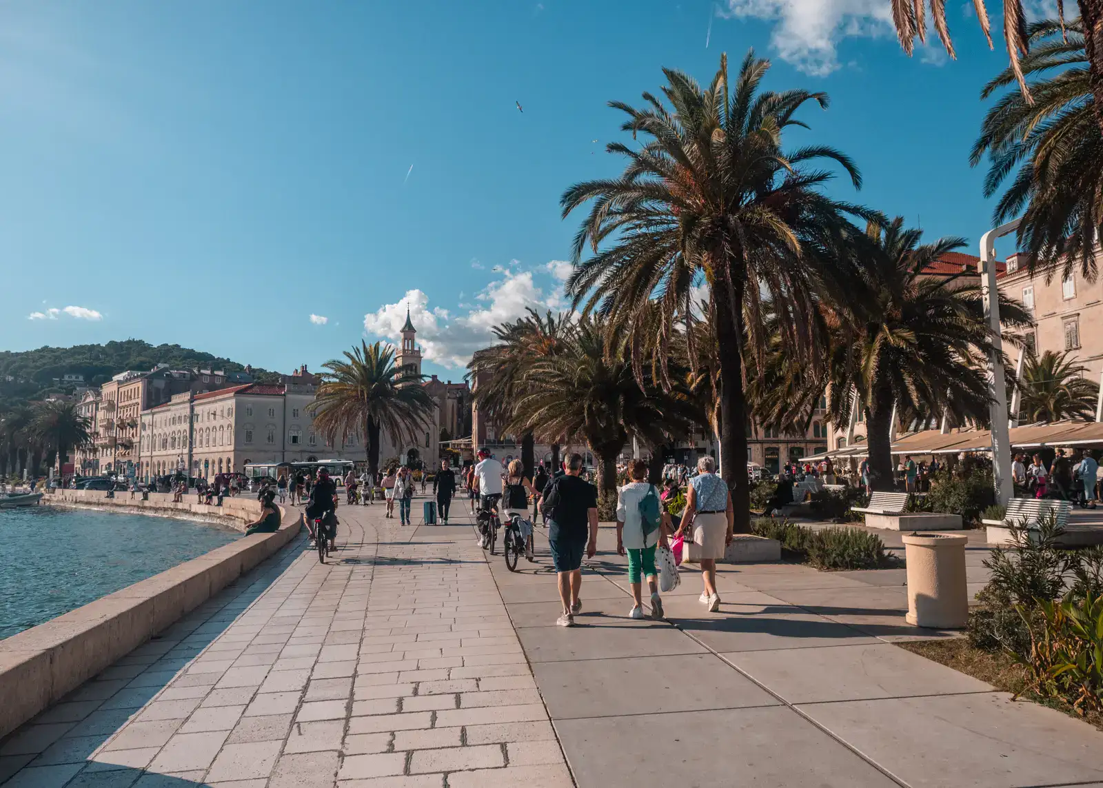 People walking along Riva promenade in Split Old Town next to big palm trees on a sunny day. Ocean on the left, old stone buildings in the background.