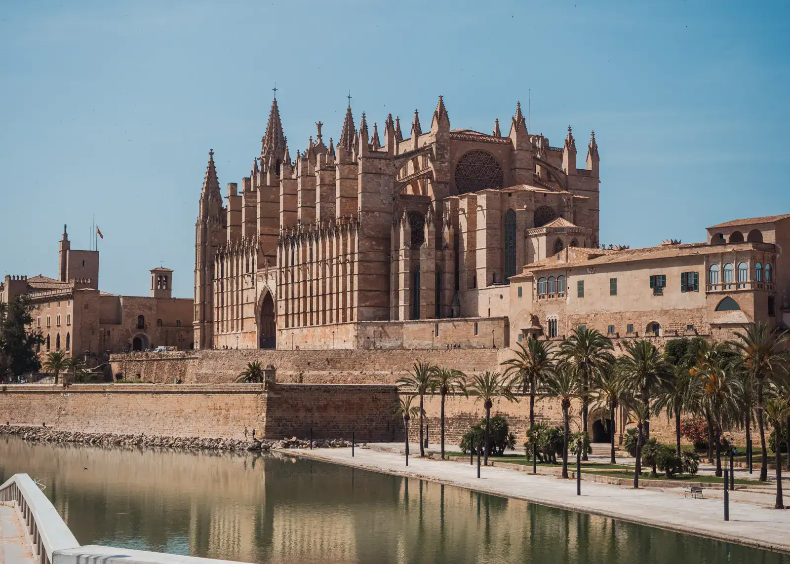 La Almudaina Royal Palace, Palma Cathedral and the Museum of Sacred Art, all made from brown stone, along a green river on a sunny day with clear blue skies in Palma Mallorca.