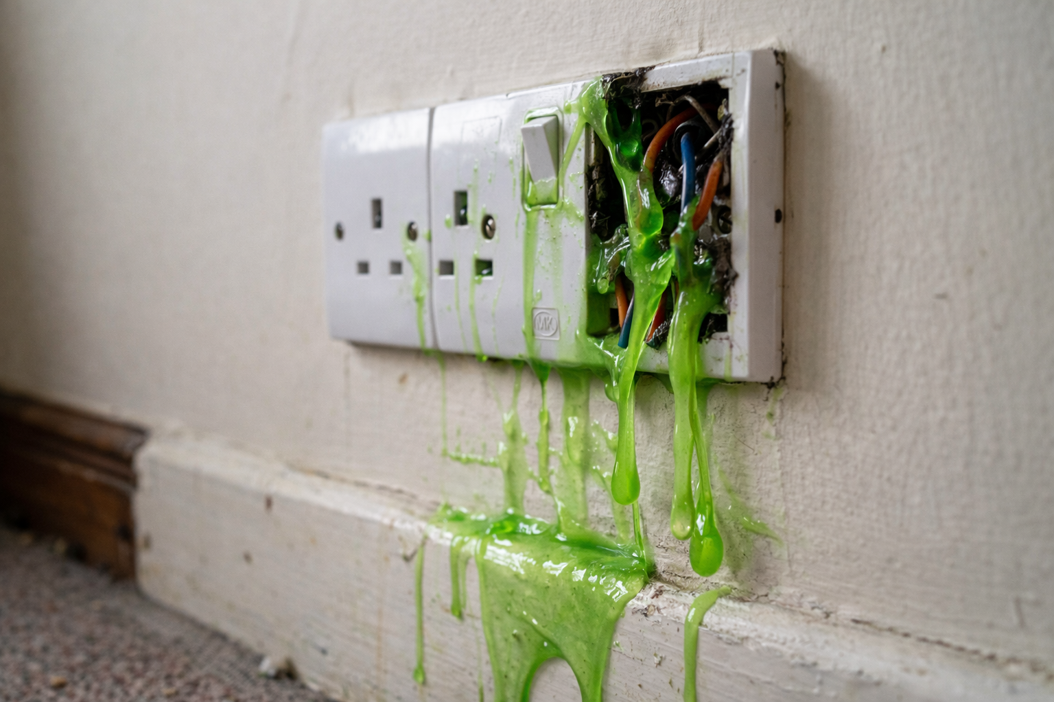 Green Goo: What Hastings Homeowners Should Know Green slime dripping from a white UK electrical socket on a wall
