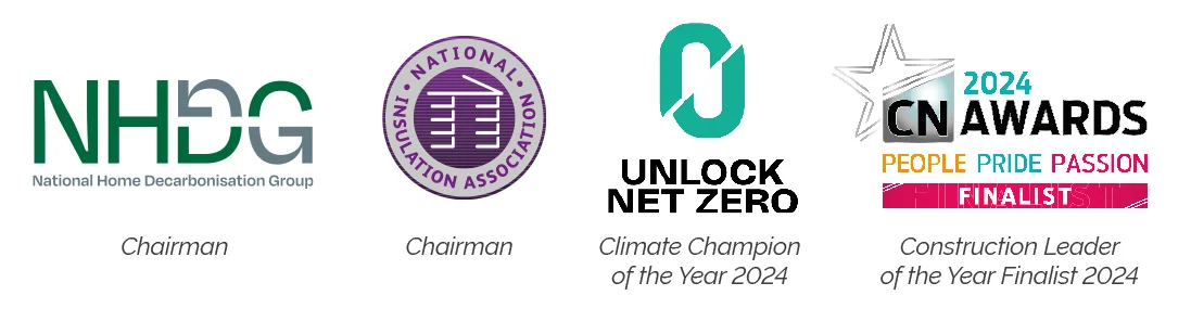 Logos: NHDG chair, NIA chair, Unlock Net Zero climate champion 2024, and the 2024 CN Awards - construction leader of the year finalist